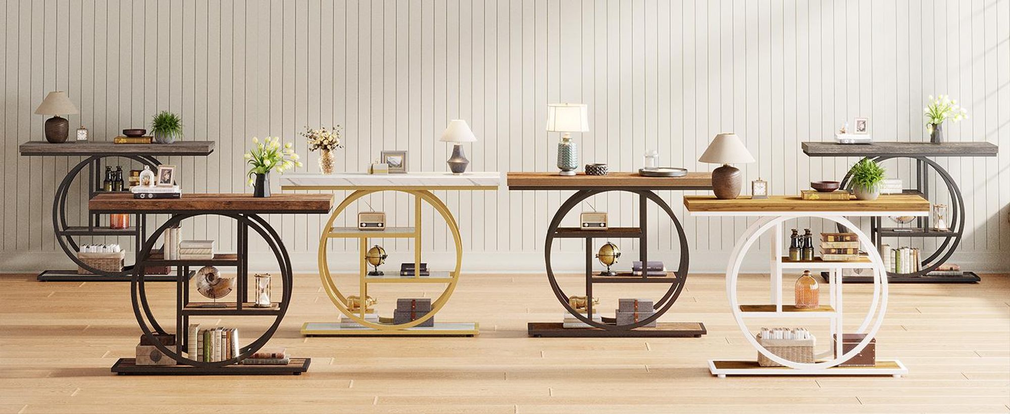 Tribesigns Konsolentisch 105 cm, industriell anmutender 4-stufiger Sofatisch mit rundem Fuß, aus Holz mit Ablageflächen Eingangsbereich, braun-weiß