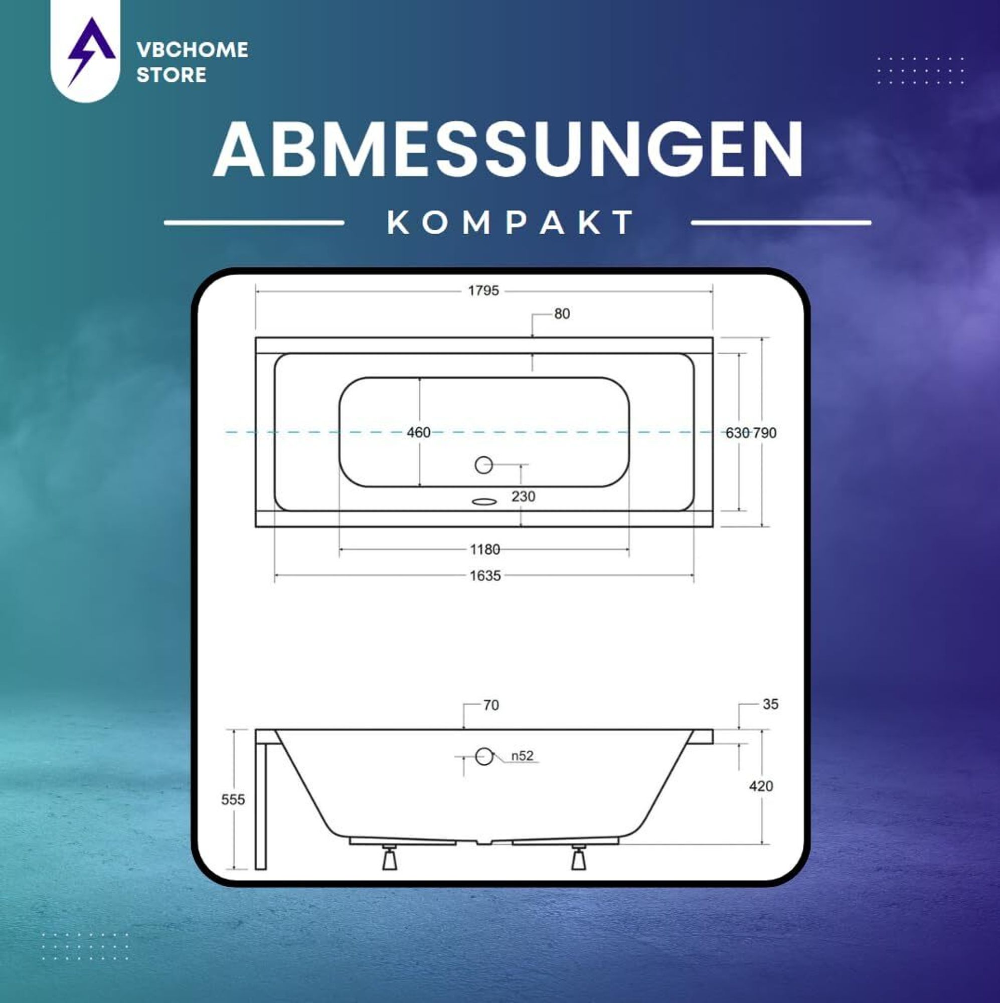 VBChome Acrylbadewanne 180 x 80 cm Weiß mit Styroporträger und Schwarz Siphon - Modern, langlebig und wärmeisolierend, perfekt für das Badezimmer