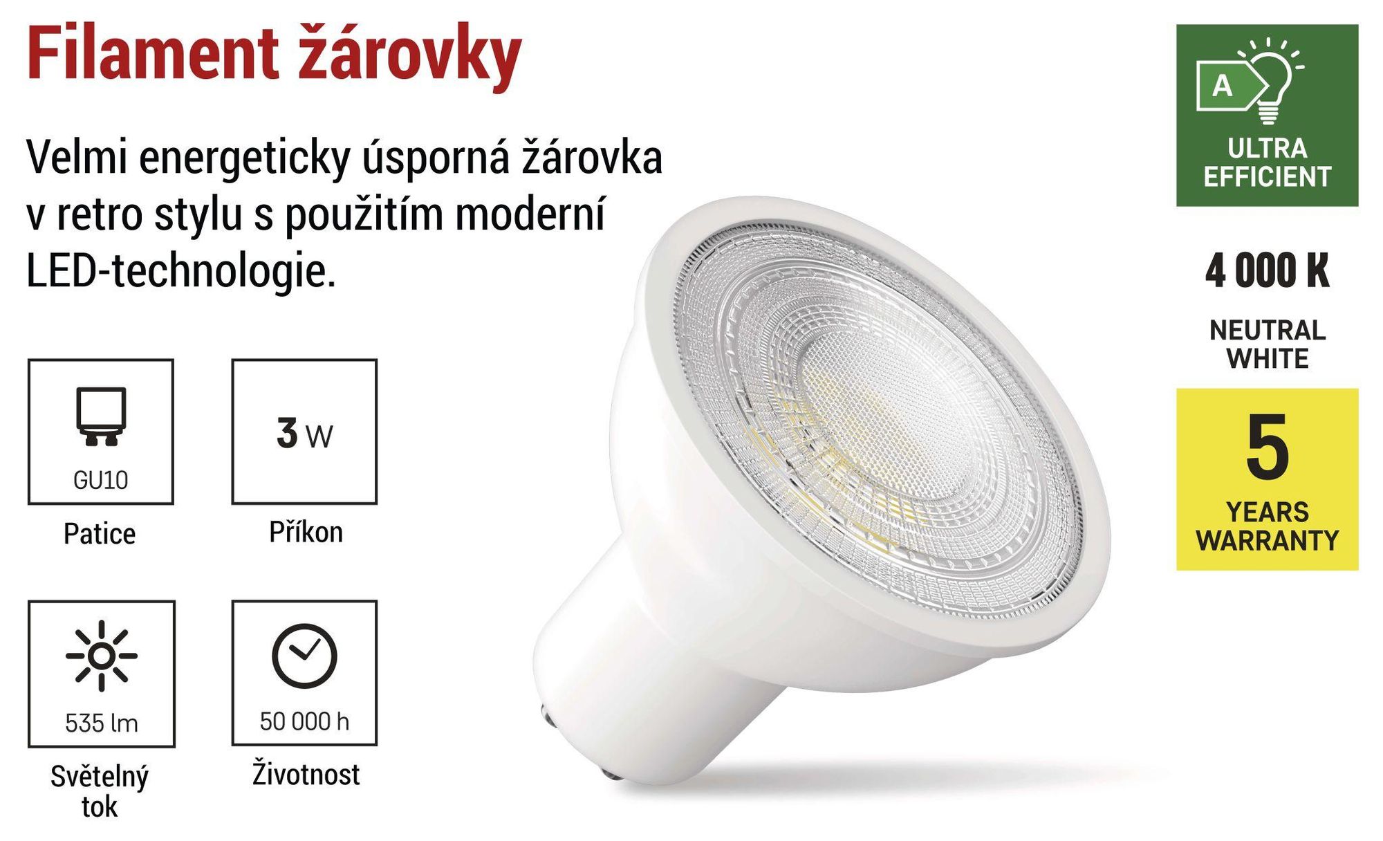EMOS LED žárovka Classic MR16 A CLASS/ GU10 / 3 W (40 W) / 535 lm / neutrální bílá, ZQ8338