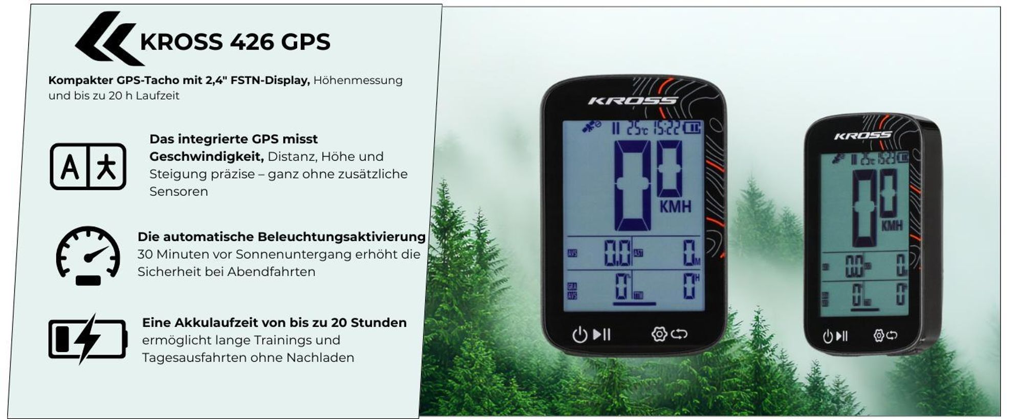 Kross KRC 426 GPS – kabelloser Fahrradcomputer mit 2,4" FSTN Display, IPX7, 20h Laufzeit & Höhenmessung