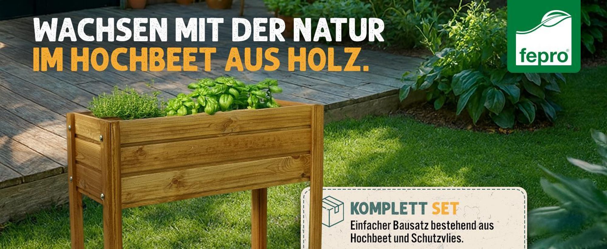 Fepro® Holz-Hochbeet 63L mit Ablage & Vlies – Blumenkasten wetterfest 80x75x36 cm, Pflanzkasten für Garten, Terrasse & Balkon
