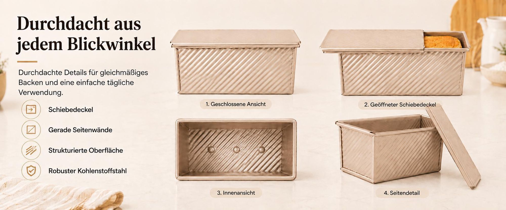 CANDeal Brot Toastform Laib Pfanne Brotbackform Kastenform mit Deckel gewellt Pullman-Laib Pfanne Brotbackform mit Deckel Gebäck Brotbackform Allumiumlegierung Antihaftgold 450g Teig