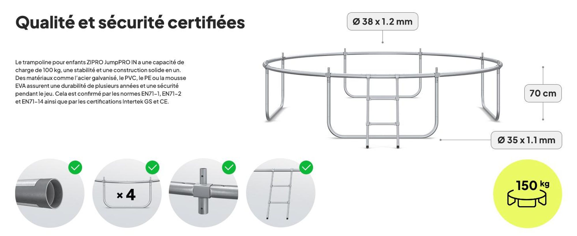 Trampoline ZIPRO Jump Pro IN | 10FT Ø 312 cm | Trampoline de jardin Trampoline pour enfants Kit complet avec filet intérieur, échelle et housse de protection, extérieur, vert