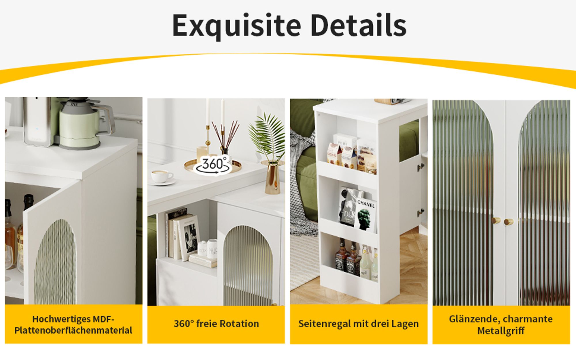 Flieks Bartisch 360°drehbar, Stehtisch mit Sideboard, Küchentisch ausziehbar, Kaffeebar mit Schrank, Sideboard mit Glastür, Weiß