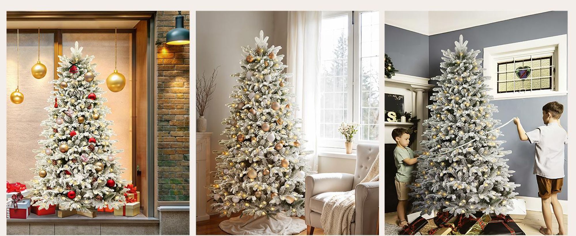 Salcar 180 cm Künstlicher Weihnachtsbaum mit Beleuchtung Weiß Schneeflocken, LED Tannenbaum mit Schnee und Echtholz Baumständer