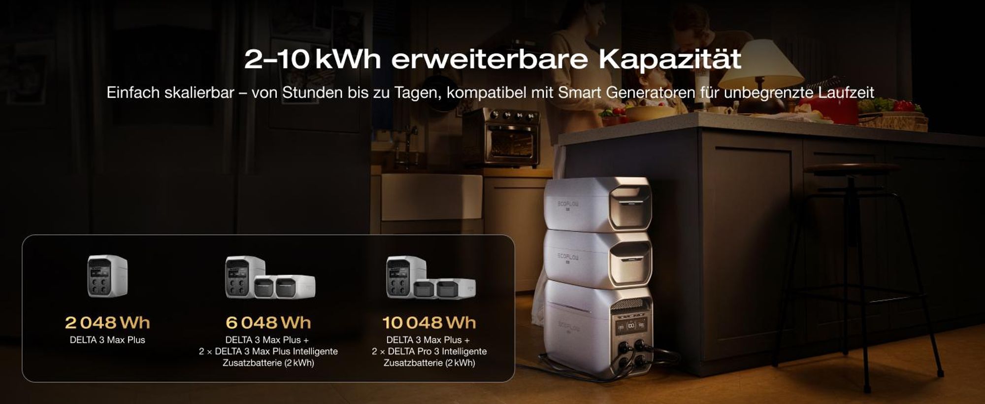 EF ECOFLOW DELTA 3 Max Plus tragbare Powerstation, 2 048 Wh LiFePO₄-Batterie, erweiterbar auf 10 kWh, 3 000 W AC-Ausgang, 0–80 % Ladung in 47 Min