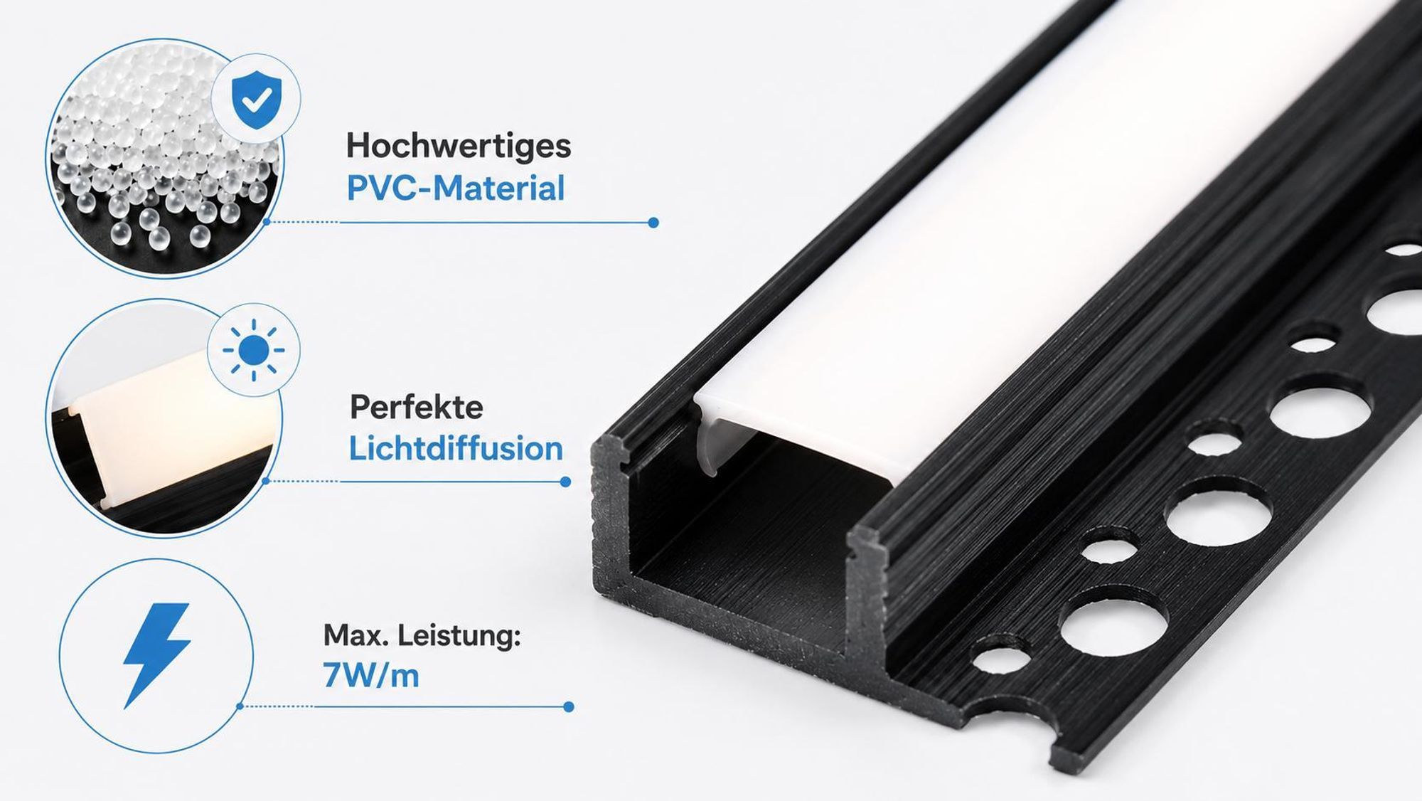 MasterLED LED Fliesenprofil PVC 33x12mm Einbauprofil Schwarz 2m – LED Schiene für Fliesen & Glazur z milchiger Abdeckung – Montageprofil