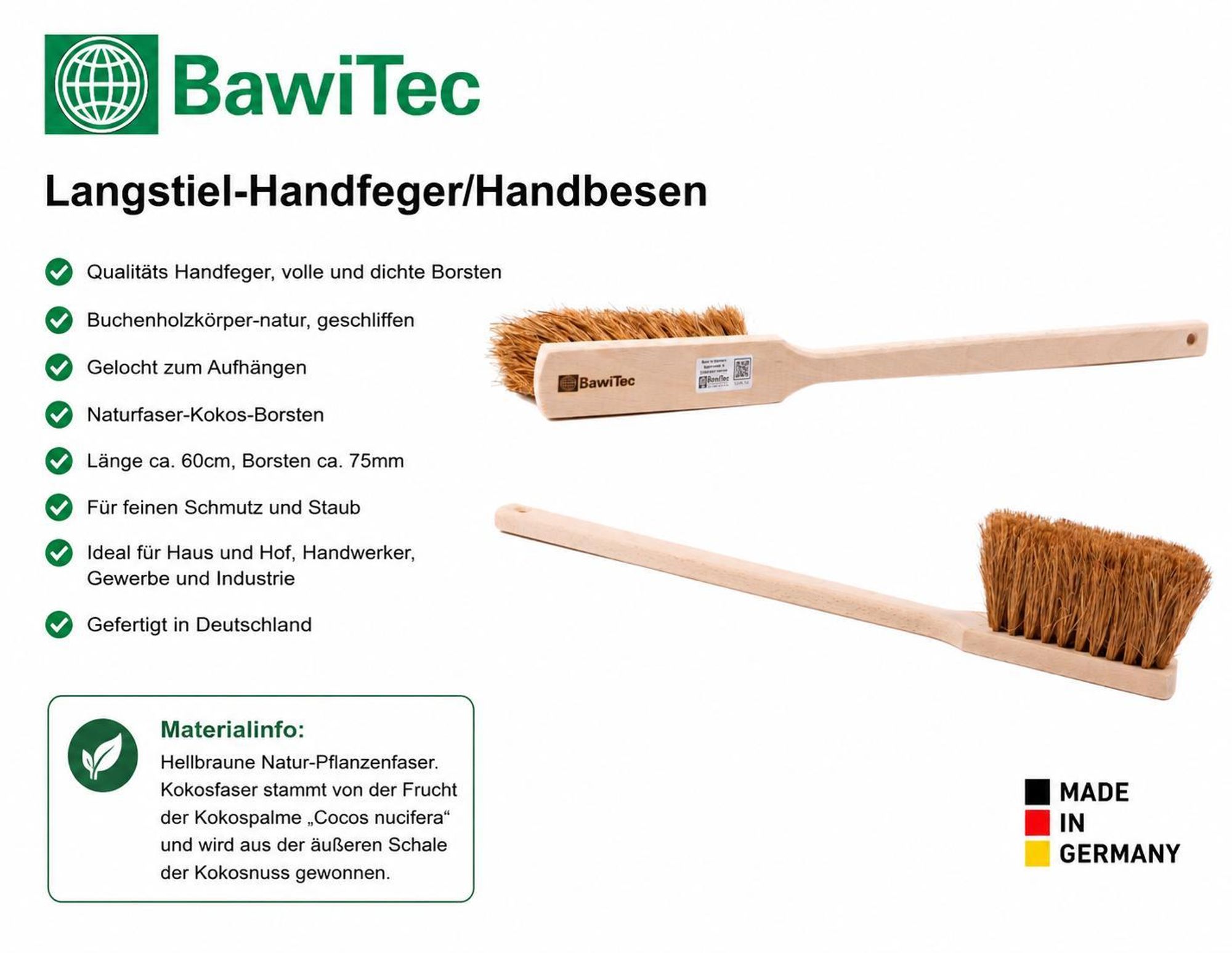 Langstiel Handfeger 60cm Lang Kokos 1 Stück Naturfaser Handbesen Handwerker-Besen Holzgriff Werkstatthandfeger weiche Borsten Holzstiel Industriebesen