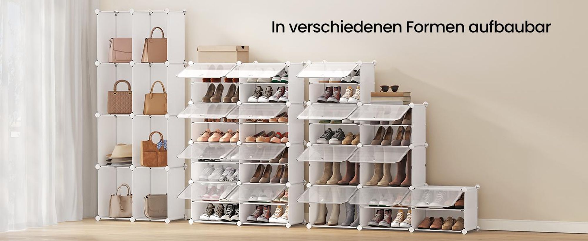 Schuhregal, Schuhschrank mit 16 Fächern, für Garderobe, Eingangsbereich, für bis zu 64 Paar Schuhe, weiß-transparent