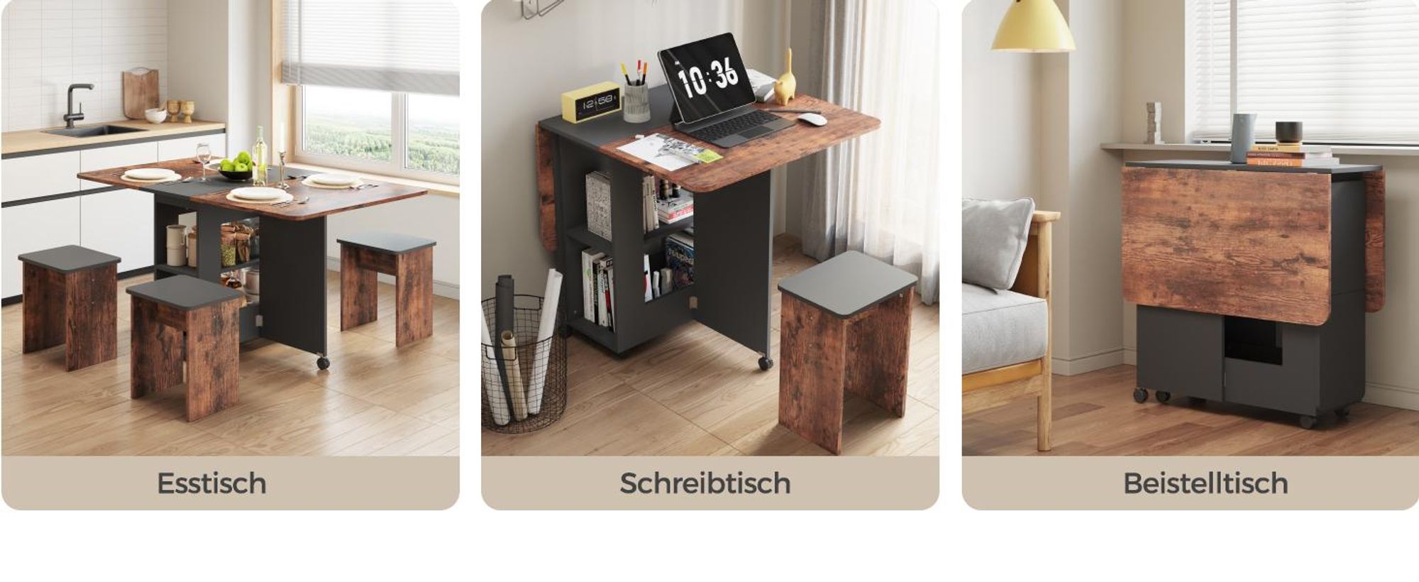 Mondeer Esstisch mit 4 Hockern Platzsparend (120x80→33x80cm), Rollbar mit Bremsen, 3-in-1 Funktion & Schnell Aufgebaut Braun und Schwarz