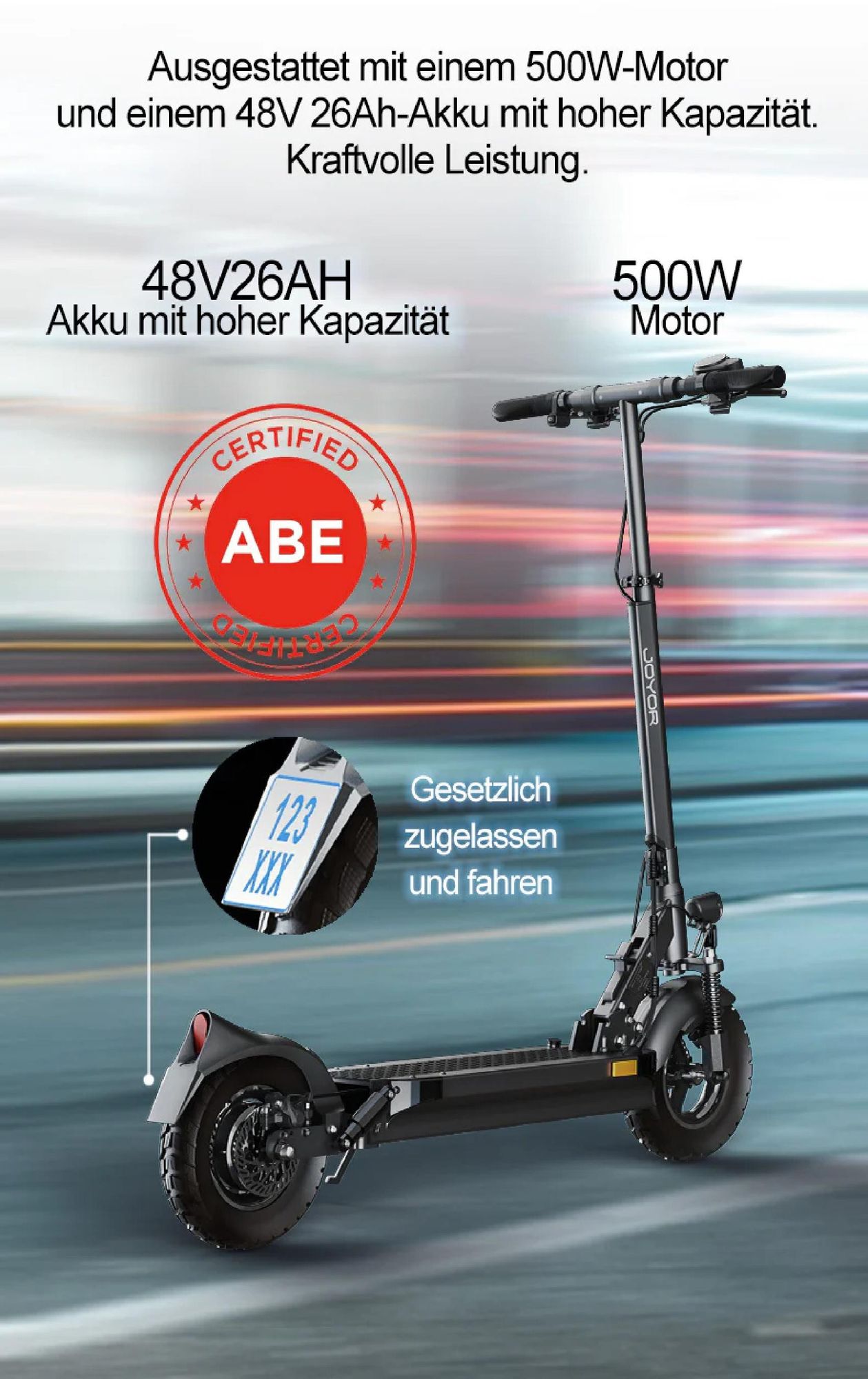 JOYOR Y8-S ABE- Faltbar Elektroroller - 500W Motor 48V26AH Akku 10 Zoll Reifen - Schwarz