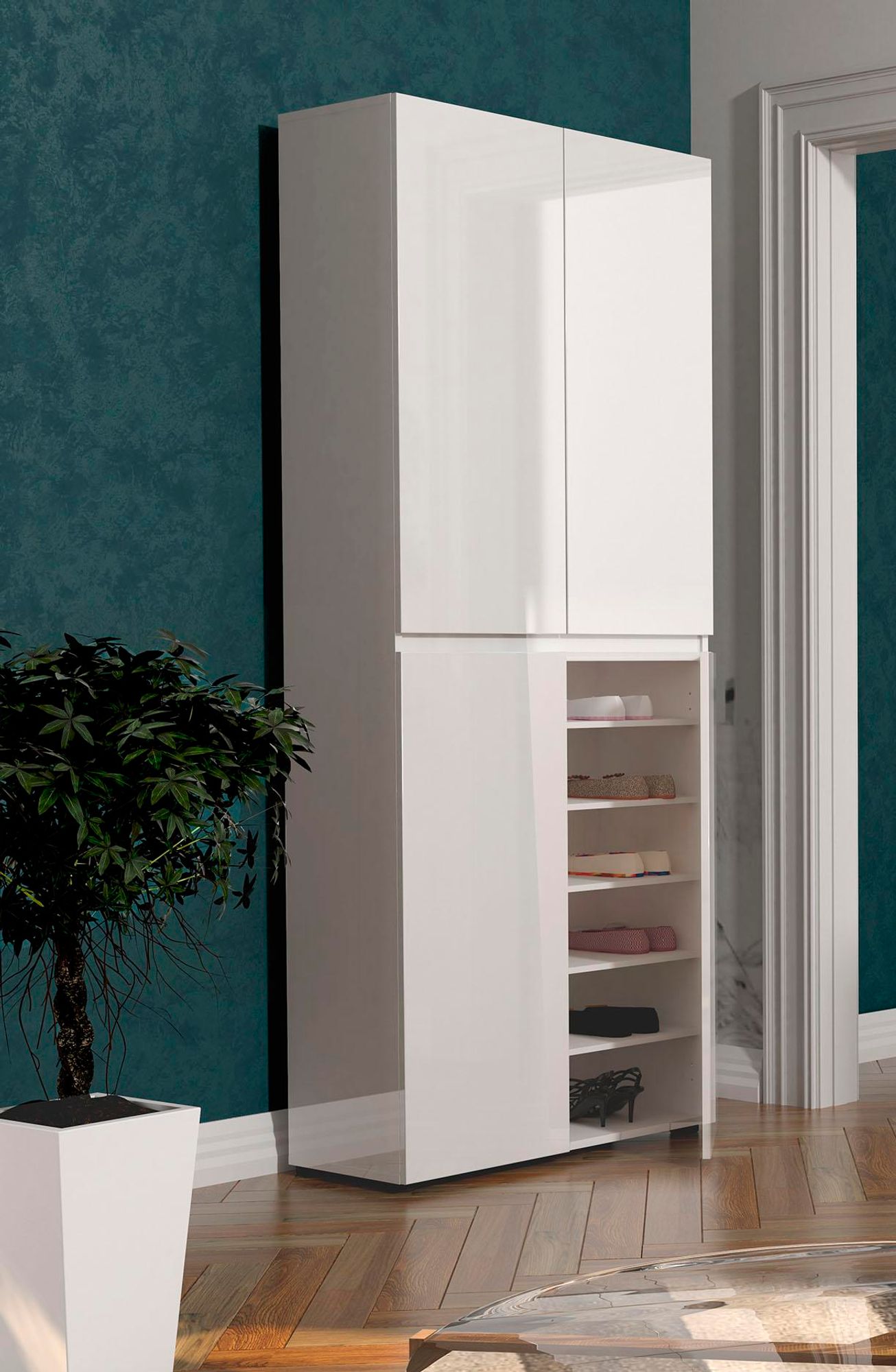 Glossy Schuhschrank 80 cm – Hochschrank mit viel Stauraum und Weiß-Hochglanz-Front