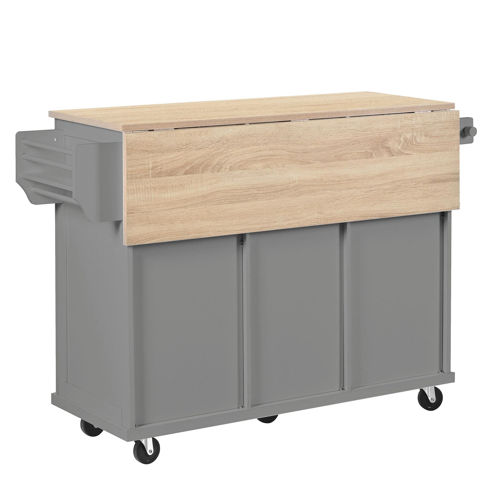 Flieks Servierwagen mit Arbeitsplatte Klappbar, Kücheninsel Küchenwagen mit Mülleimerfach & Schubladen, Mobil Speisewagen, 112x46.2-76.2x92.7cm, Grau