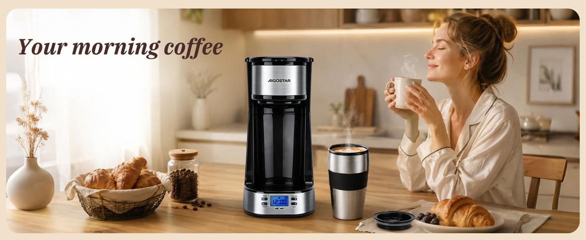 Aigostar - 420 ml Filterkaffeemaschine Mit 24h-Timer, Kaffeemaschine mit Thermobecher, , LCD-Anzeige