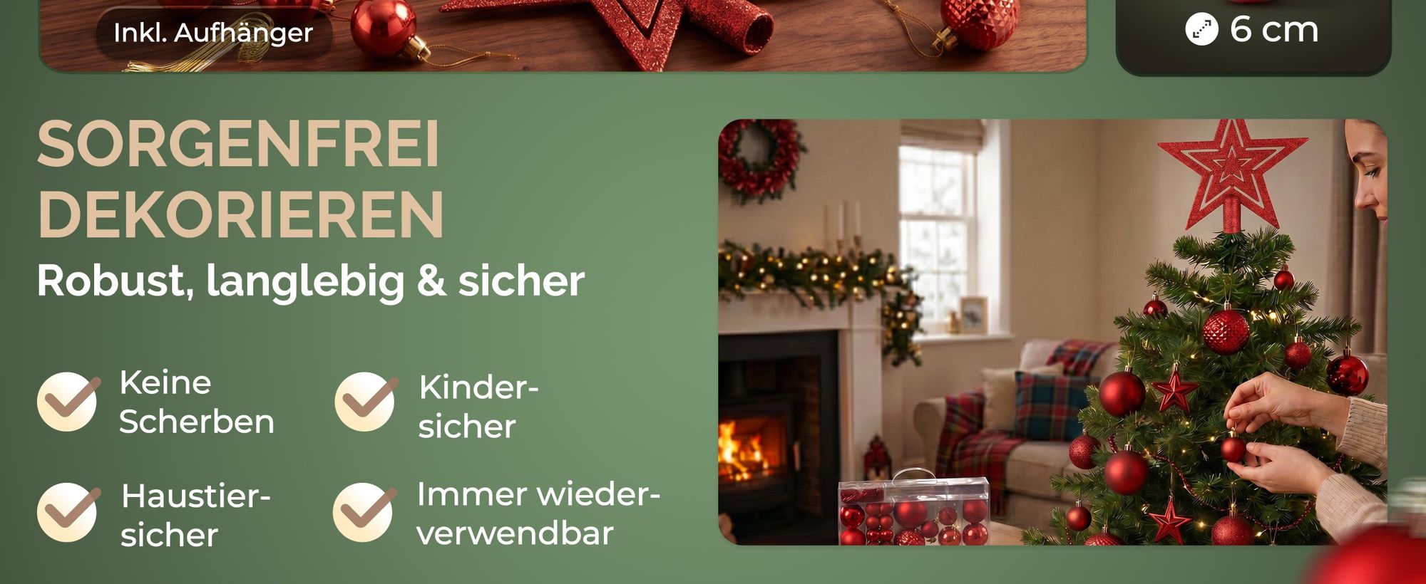 DEUBA® Weihnachtskugeln 66tlg Baumschmuck-Set mit Sternen Kunststoff Rot
