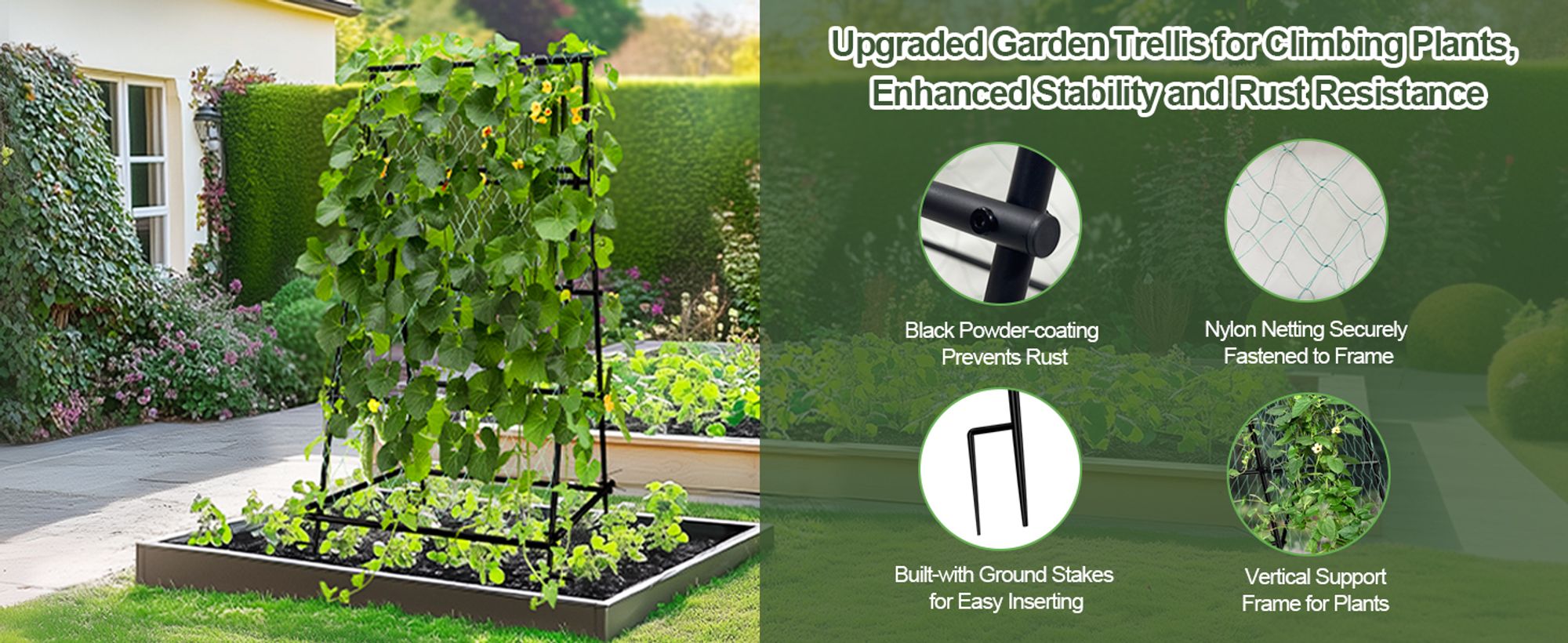 WISFOR Gurken Rankgitter, A-förmig Rankgitter mit Erdspikes, Gartenspalier aus Metall mit Netz, Gitterspalier für Kletterpflanzen, 105 x 105 x 176 cm