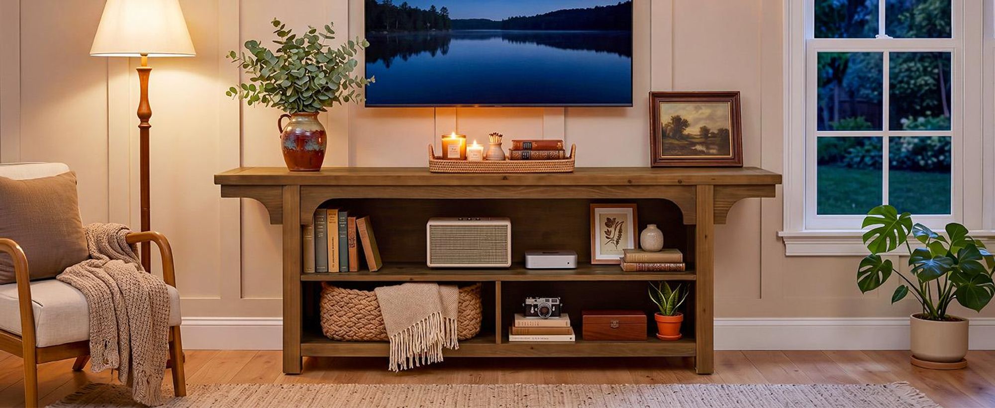Tribesigns TV-Ständer aus Holz für 55/65/70-Zoll-Fernseher, 160 cm Entertainment-Center im Landhausstil, TV-Konsole mit 3 offenen Ablagefächern