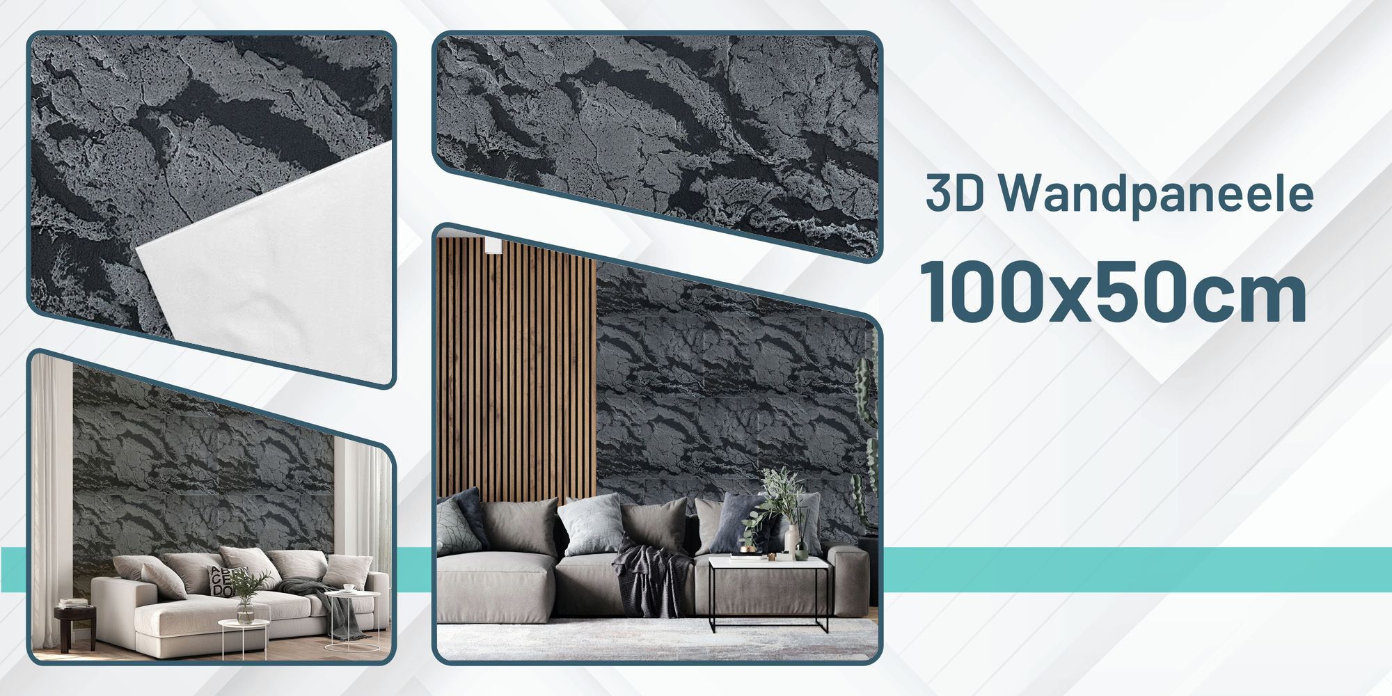 DECCART | 3D Deckenplatten | Schwarz-silberne Wandpaneele | Boulder | Felsimitation | 100x50cm | 8m2