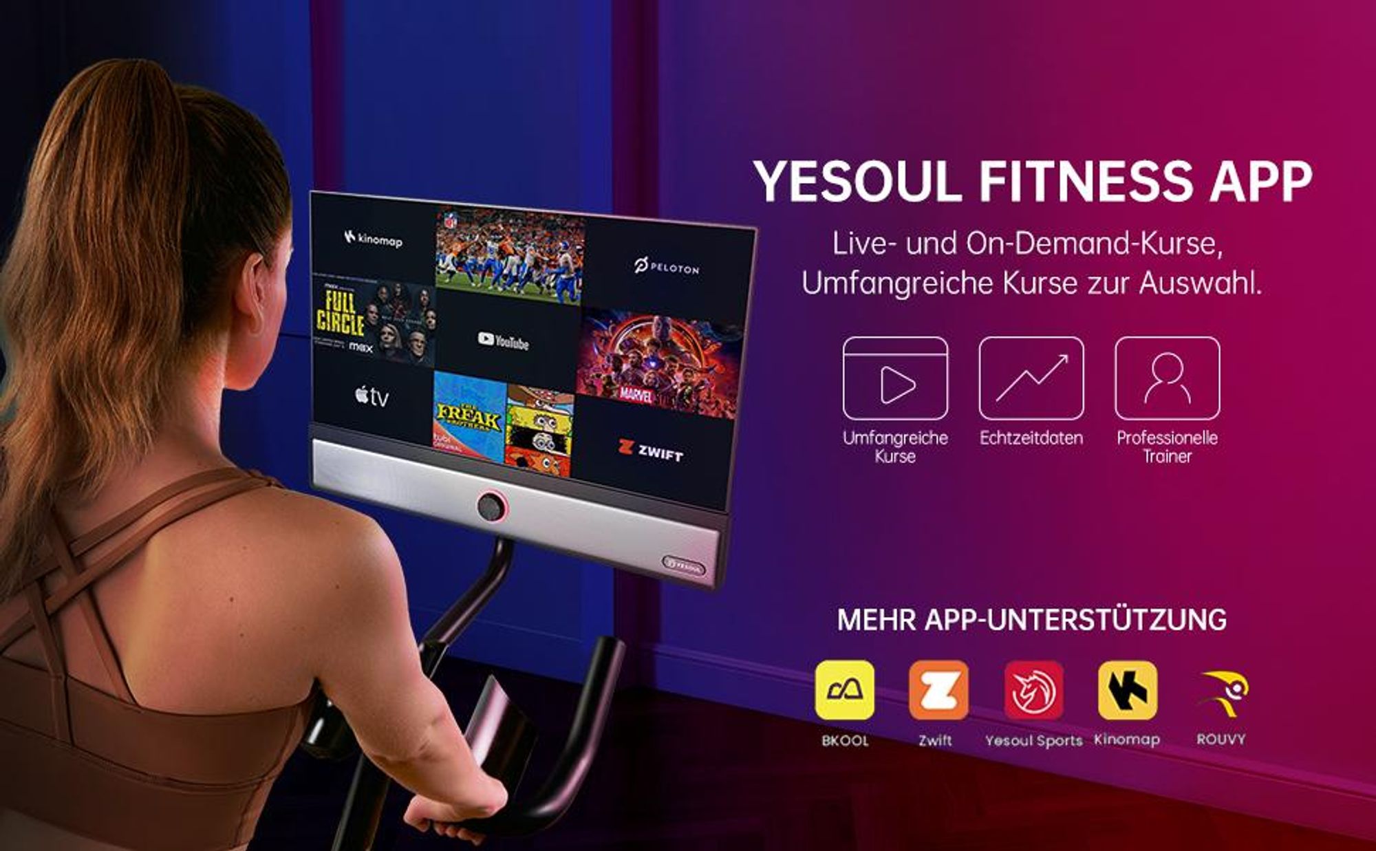 YESOUL G1M Max fitness bicykel, 21,5" FHD displej, 4× 30 W reproduktory, 360° zvuk, magnetický odpor, tichý chod a neobmedzené streamovanie