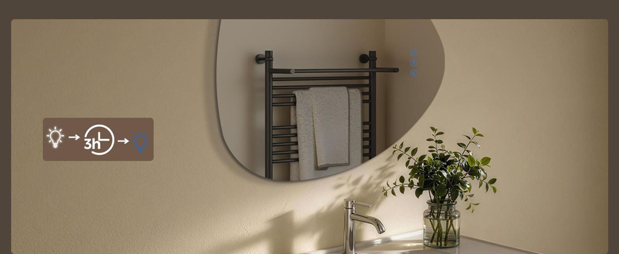 Miroir de salle de bain asymétrique AFIELINA avec éclairage LED, 60 x 70 cm, sans cadre, 3 couleurs de lumière, variateur d'intensité, anti-buée, fonction mémoire