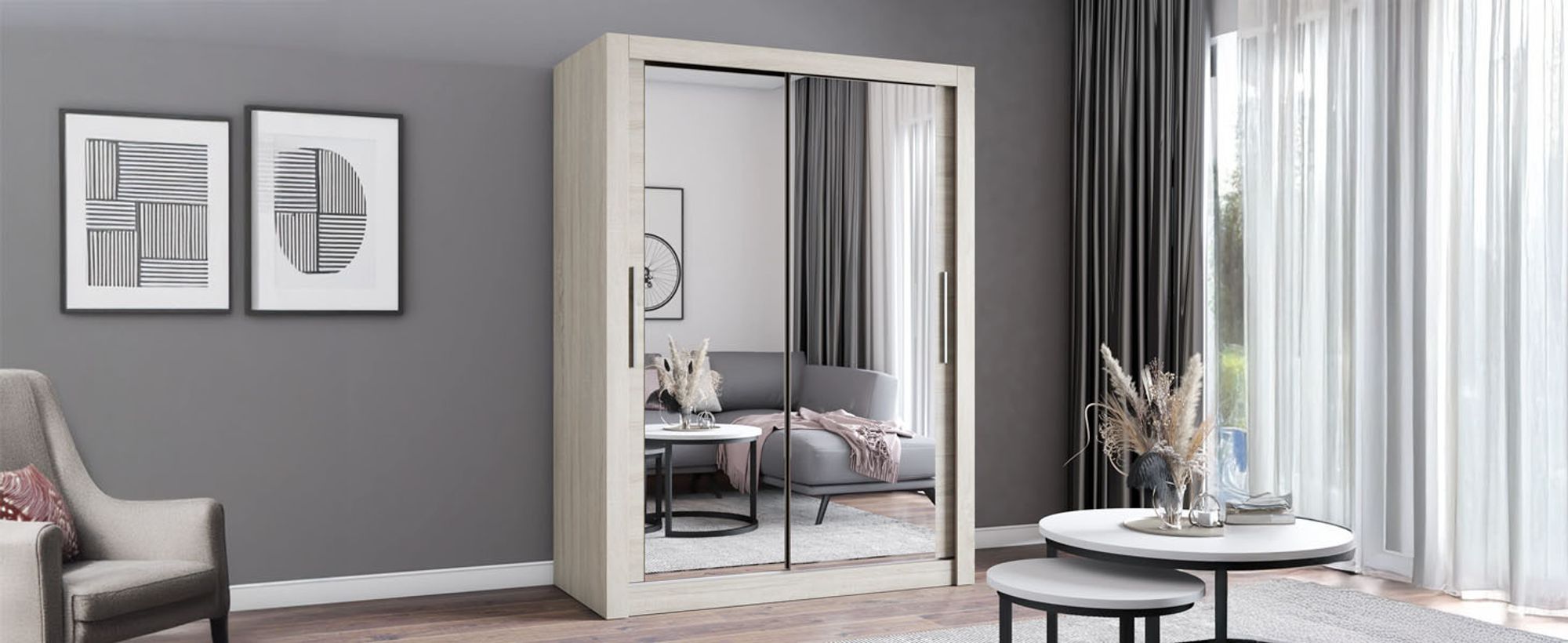 Schwebetürenschrank Kleiderschrank Schrank 150cm Sonoma/Sonoma mit zwei Spiegeln MILAN