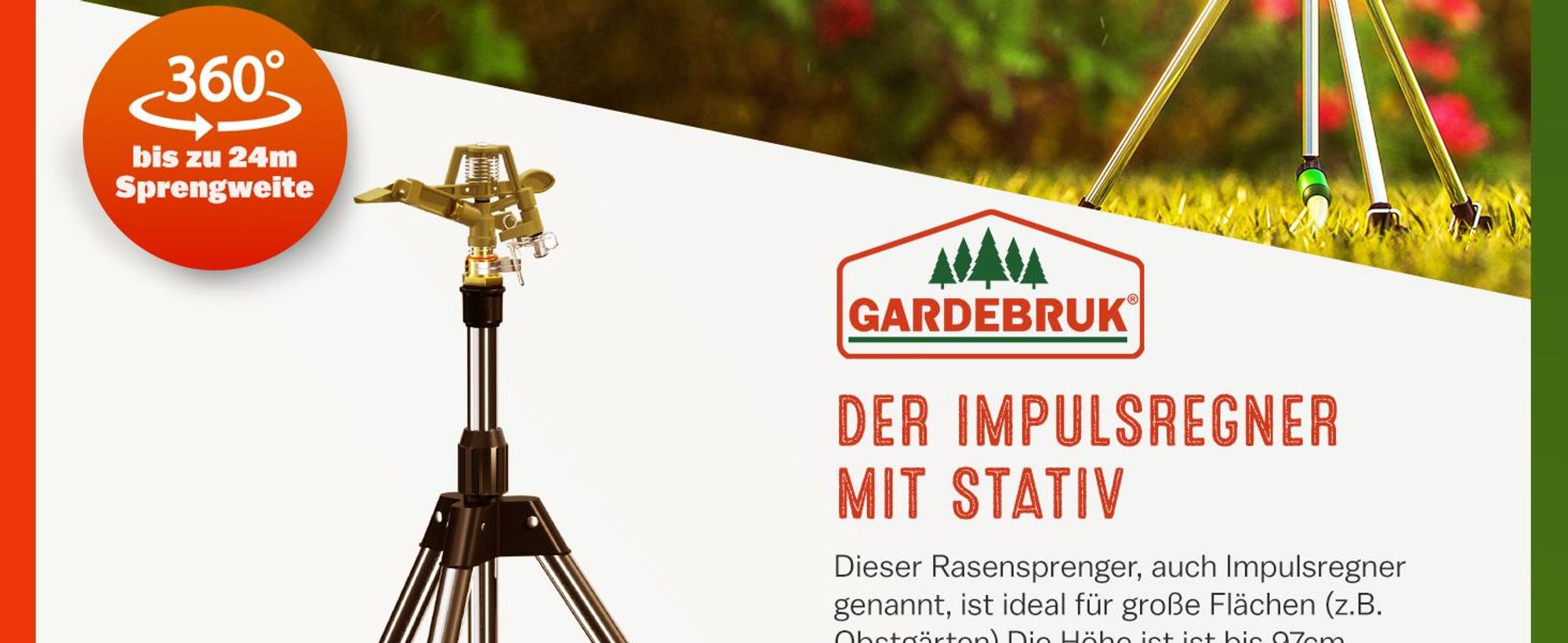 GARDEBRUK® Sprinkler Teleskopstativ Sprengweite bis 24m 360° Sprühaufsatz Impulsregner Rasensprenger Sektorenregner Bewässerungssystem Gartenbewässerung