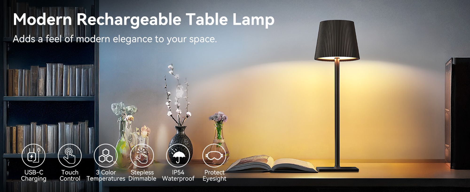 Tischlampe Kabellos, LED Tischleuchte, Dimmbar Touch Akku Tischleuchte Kabellos mit USB Ladestation, Warmweiß Tischlampe, IP54 Wasserdichte, Schwarz