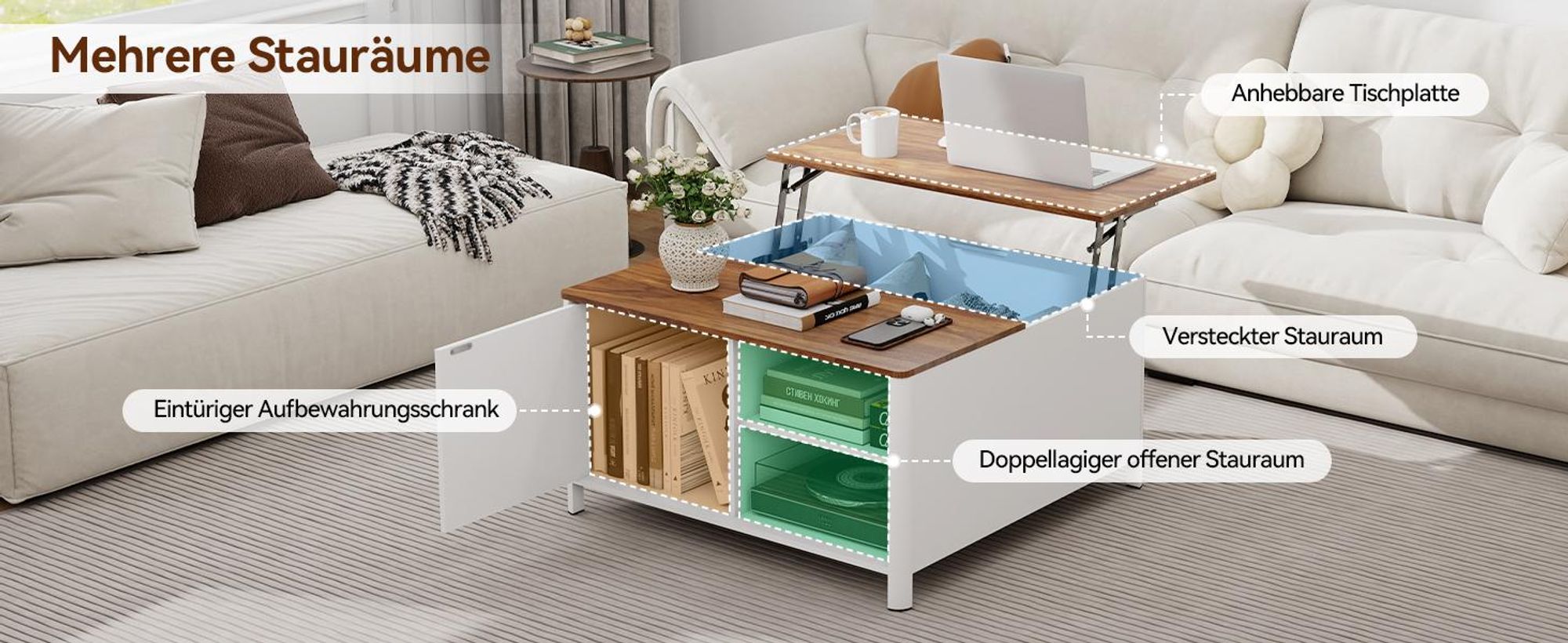 Puluomis Couchtisch mit Lift-Mechanismus, Multifunktionaler Esstisch Arbeitstisch mit Verstecktem Stauraum, Magnetischen Türen 80cm