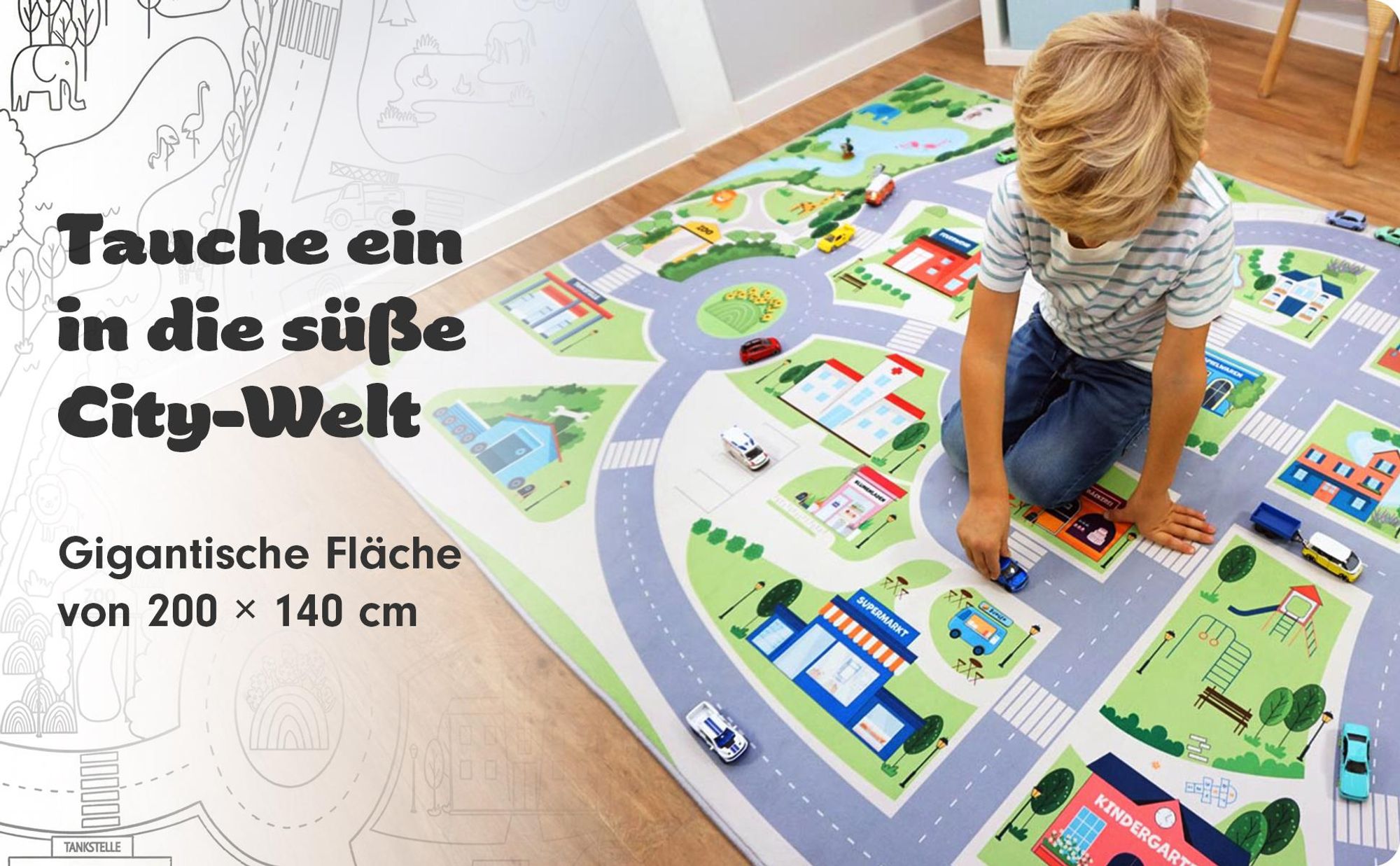 Spielteppich Straßenteppich Cute City Größe: 200cm x 140cm - Teppich Jungen & Mädchen Kinderzimmer, Kinderteppich
