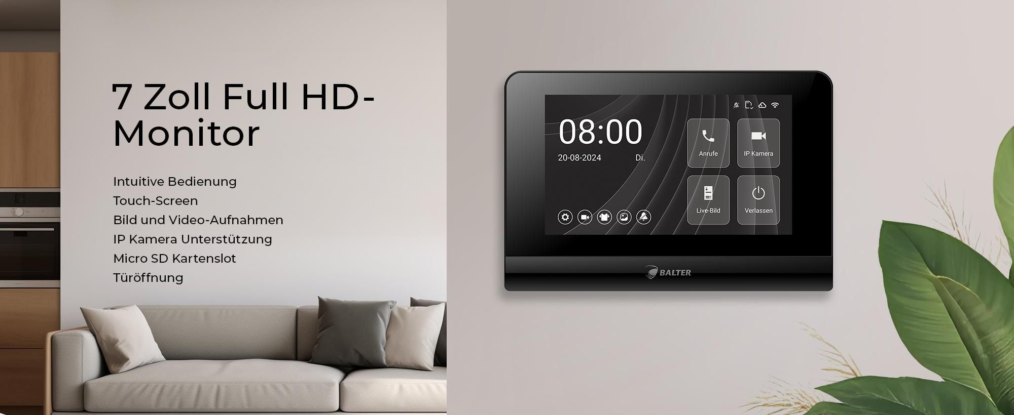 Entri L Video Türsprechanlage, 1 Familienhaus mit 7-Zoll Monitor, 2-Draht, Unterputz, Video Türklingel Smartphone App, Full HD Kamera, schwarz