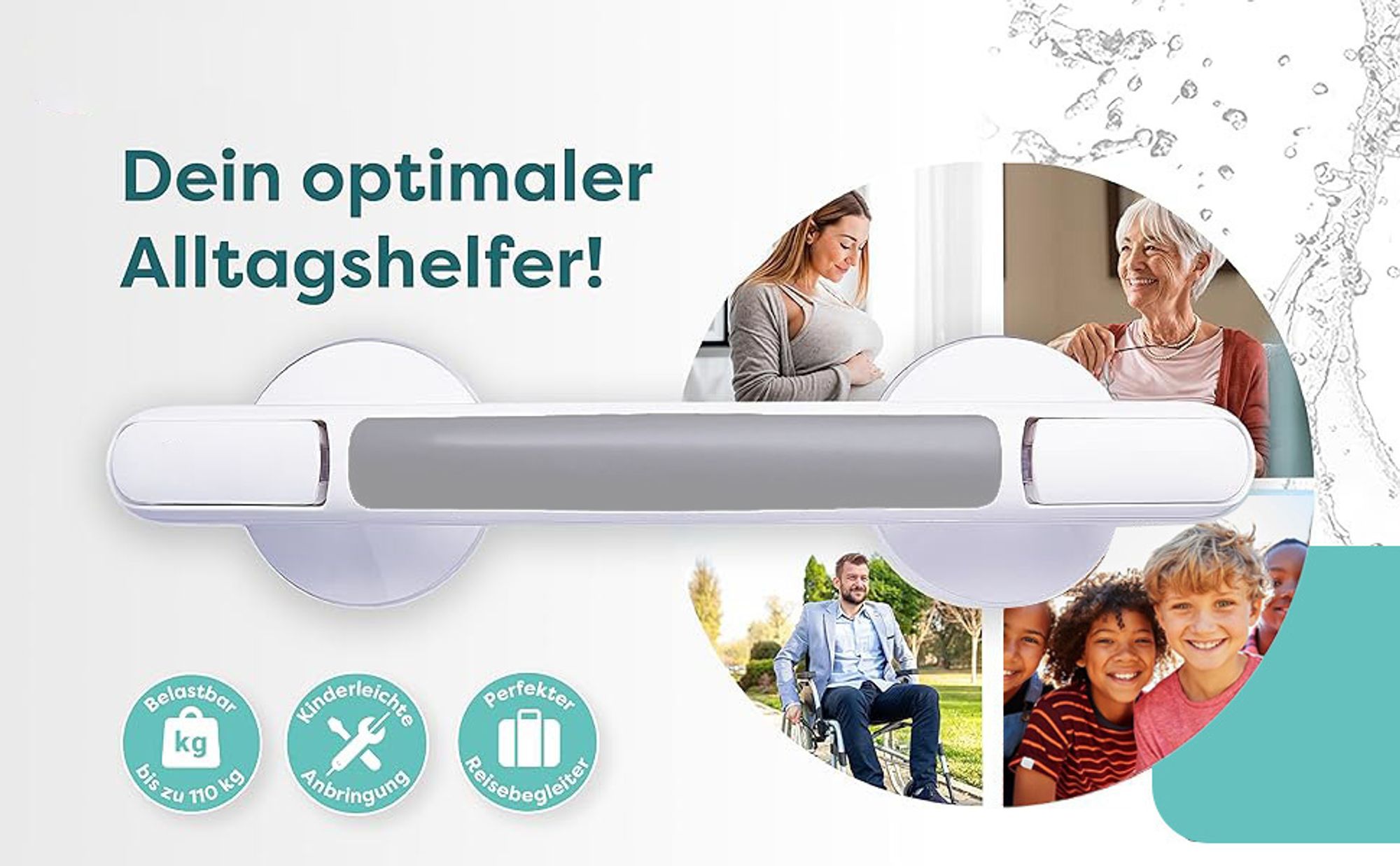 Haltegriff mit Saugnapf - Haltegriff Dusche Extra starker Halt 110 KG, Haltegriffe für Senioren, Badewannengriff ohne Bohren, Duschgriff mit Saugnapf