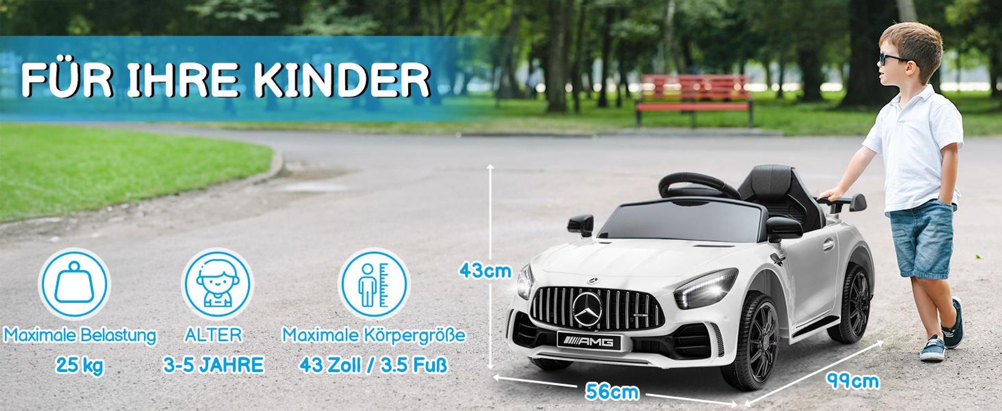 Elektroauto Kinderauto Mercedes-Benz AMG Gtr, mit 2,4G Fernbedienung, LED Scheinwerfer, MP3, Hupe und Musik, weiß
