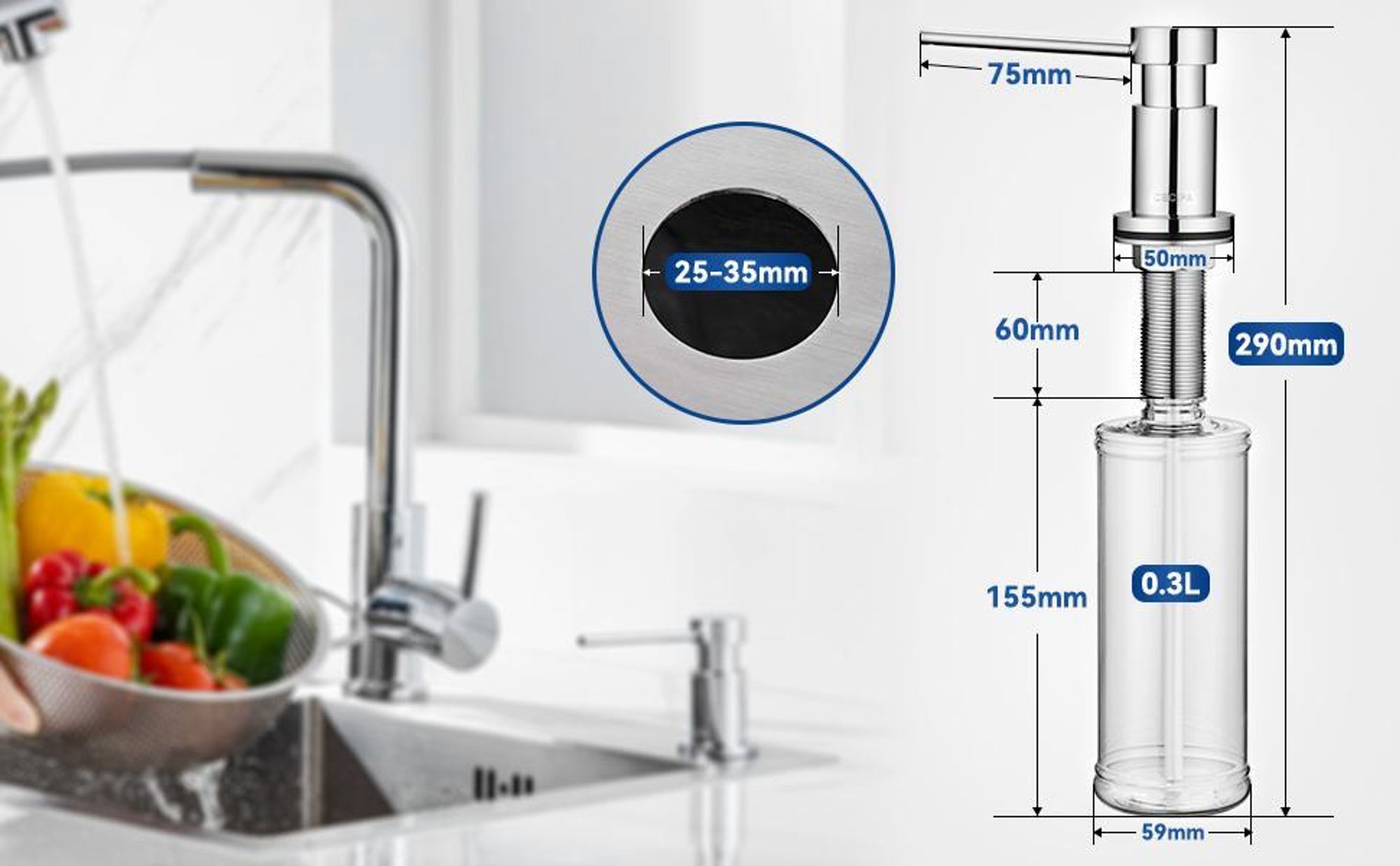 CECIPA 300ML Seifenspender Küche Einbau,Küchenspüle Chrom SpülmittelSpender，360° Rotation Pump Spender,1,2 m Verlängerungsschlauch