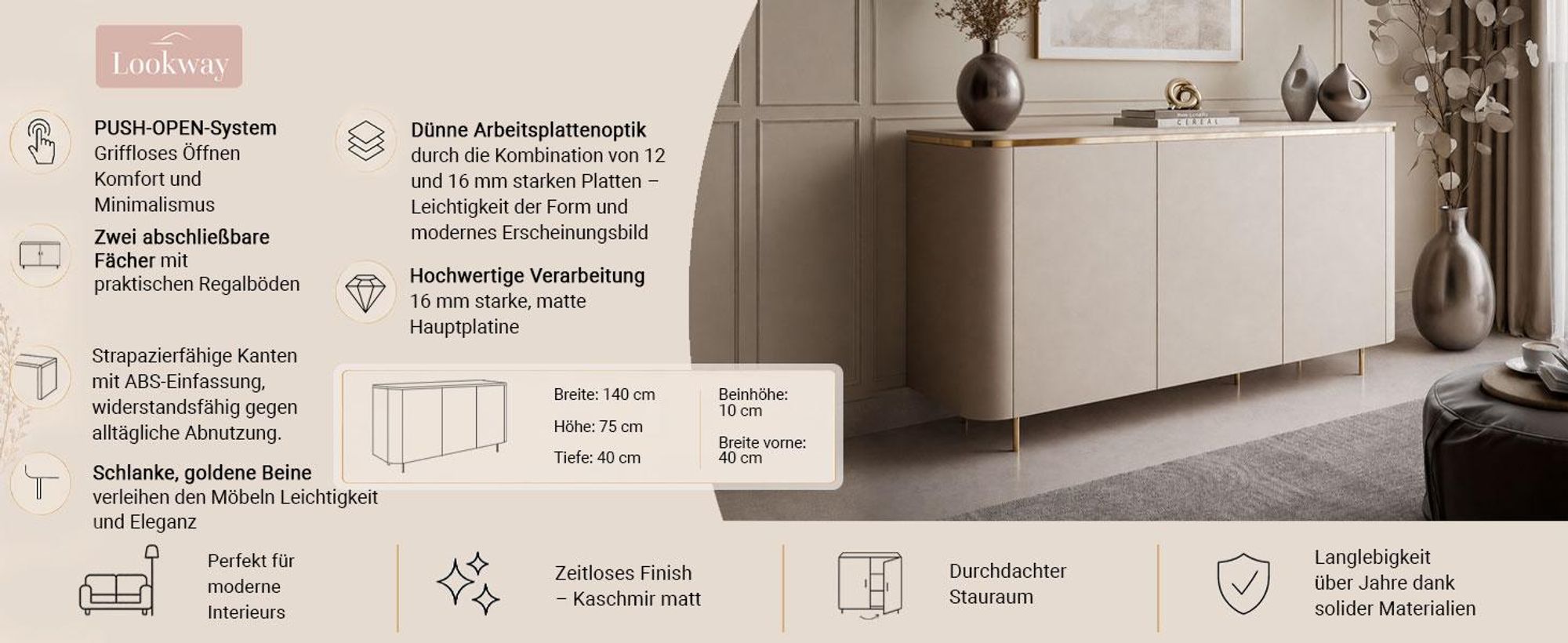 Kommode AVELINE 140 cm mit LED-Beleuchtung