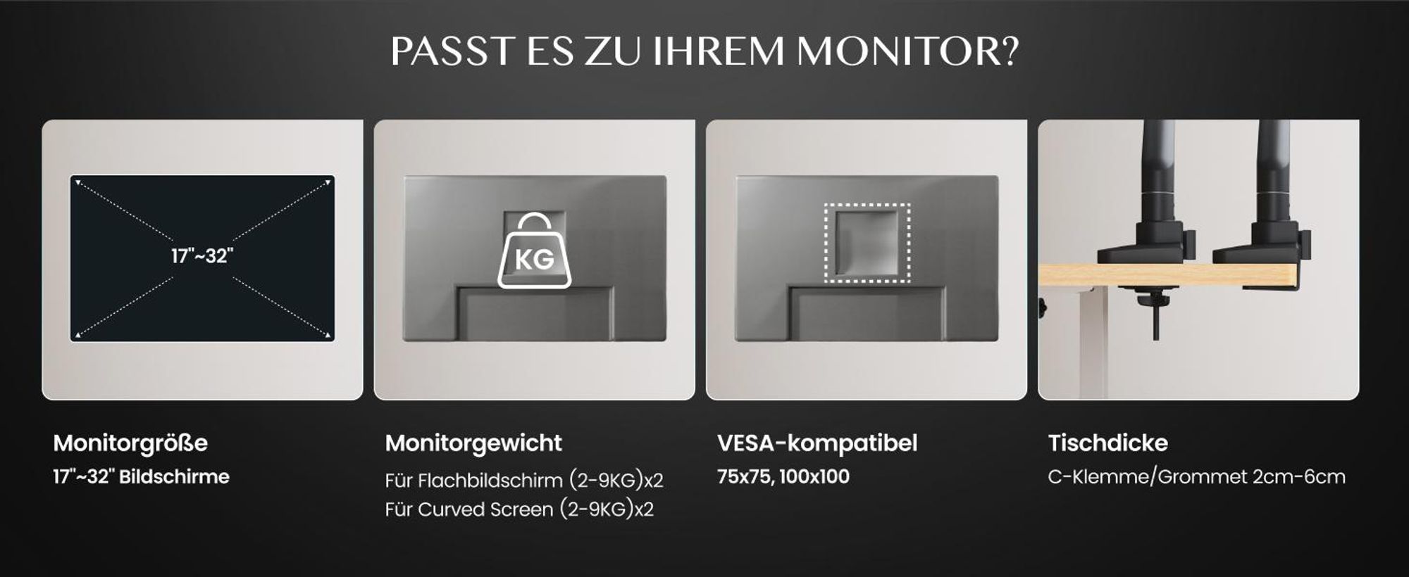 FLEXISPOT MA1 Monitorhalterung 17–32 Zoll, Gasdruckfeder Monitorarm für 1 Monitor, höhenverstellbar & schwenkbar, VESA 75x75/100x100
