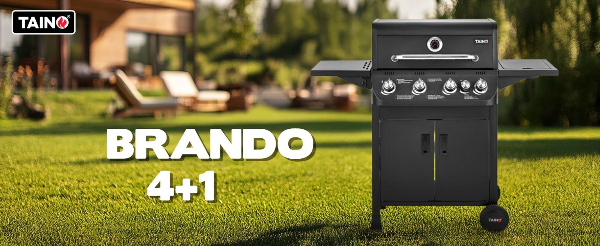 TAINO-Gasgrill BRANDO 4+1 auf einem Rasen in einem sommerlichen Garten