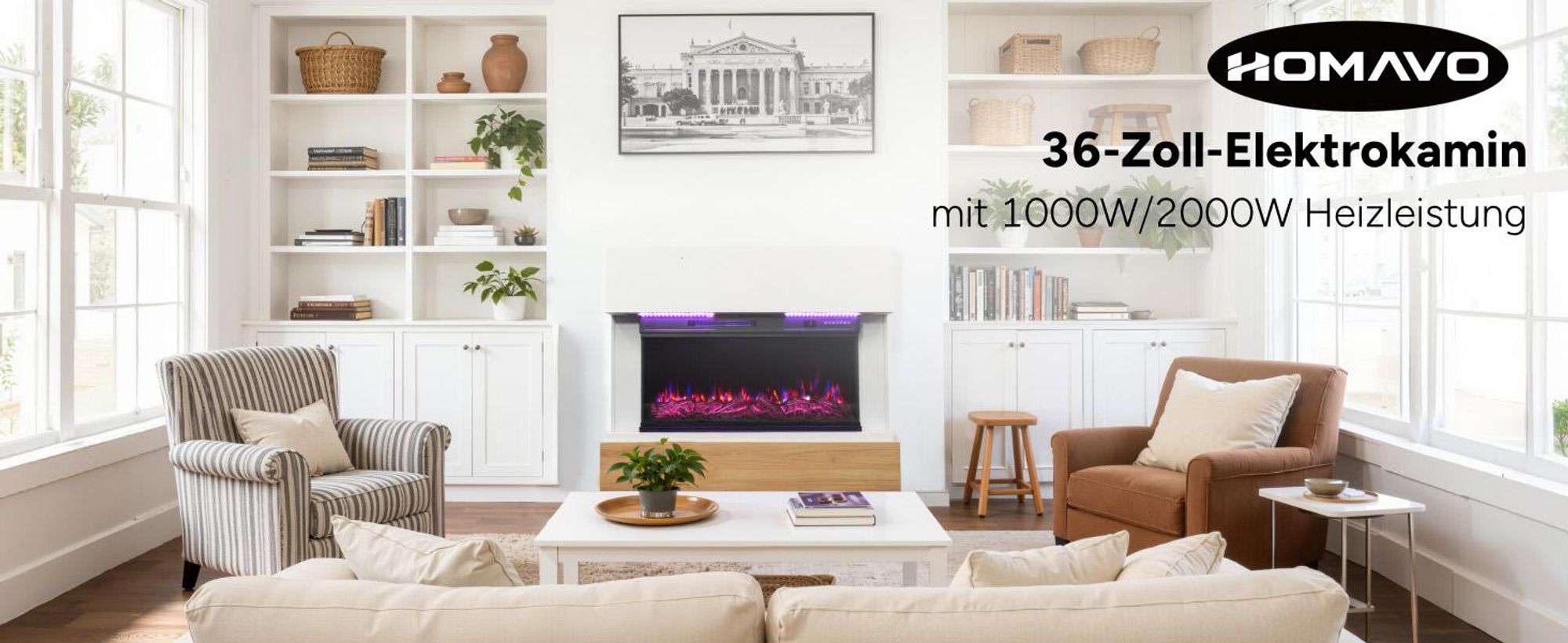 HOMAVO 36-Zoll Elektrokamin mit Heizung - 1000 / 2000W - Stand / Einbaukamin - 3D Flammenfarben - LED & Timer - inklusive Schrank