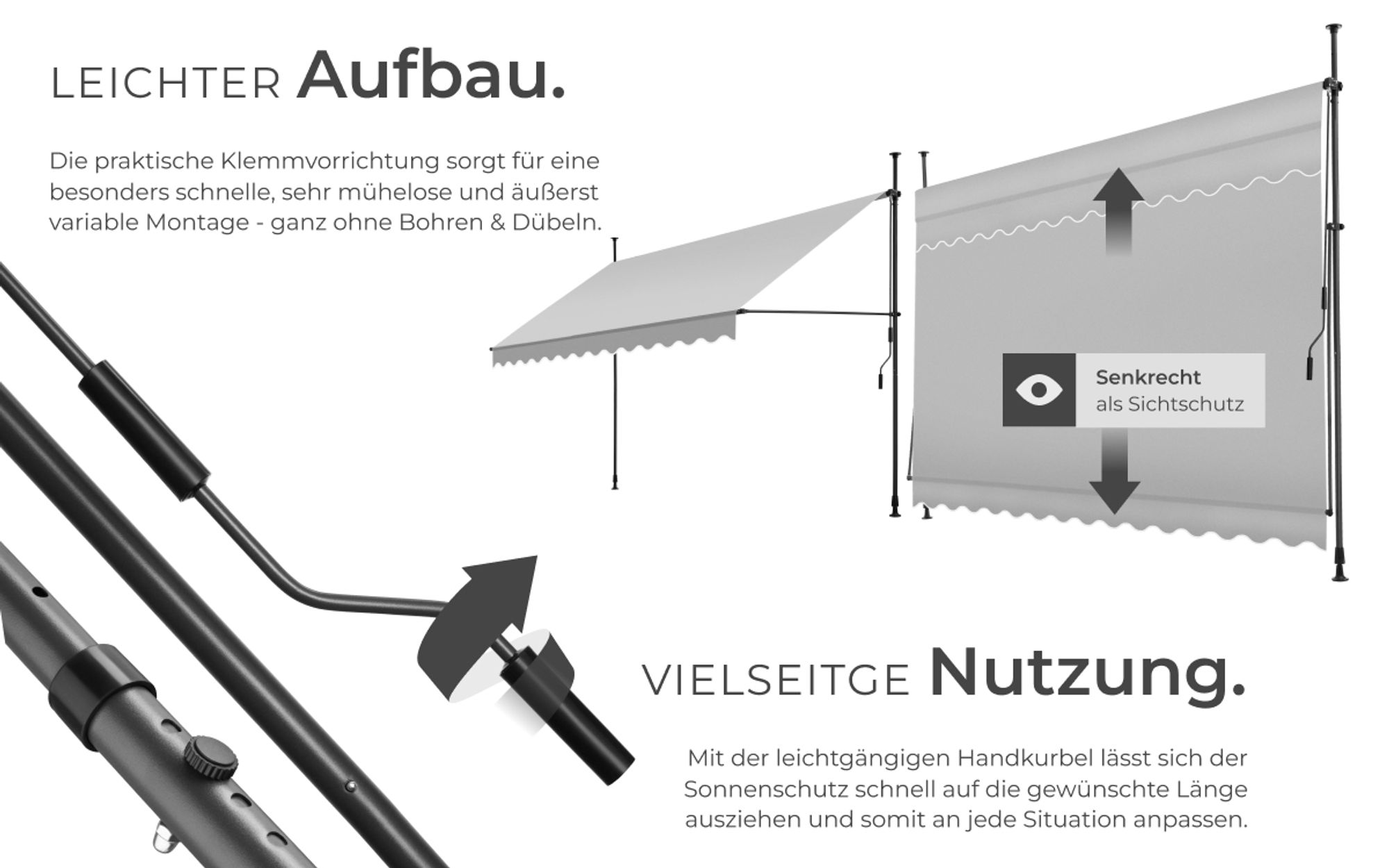 tectake® Klemmmarkise mit Handkurbel einfache Montage