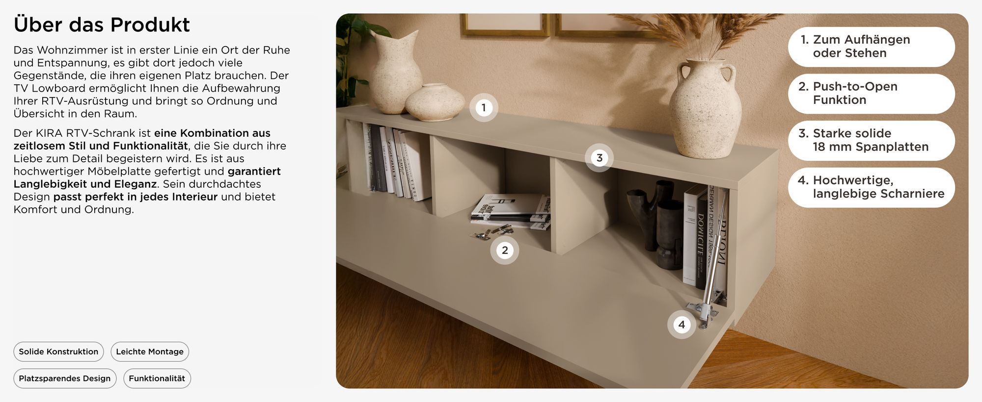 Platan Room TV Lowboard 140 cm breit KASCHMIR Fernsehschrank hängend oder stehend Hängeboard Board Schrank für Wohnzimmer Wandschrank MATT