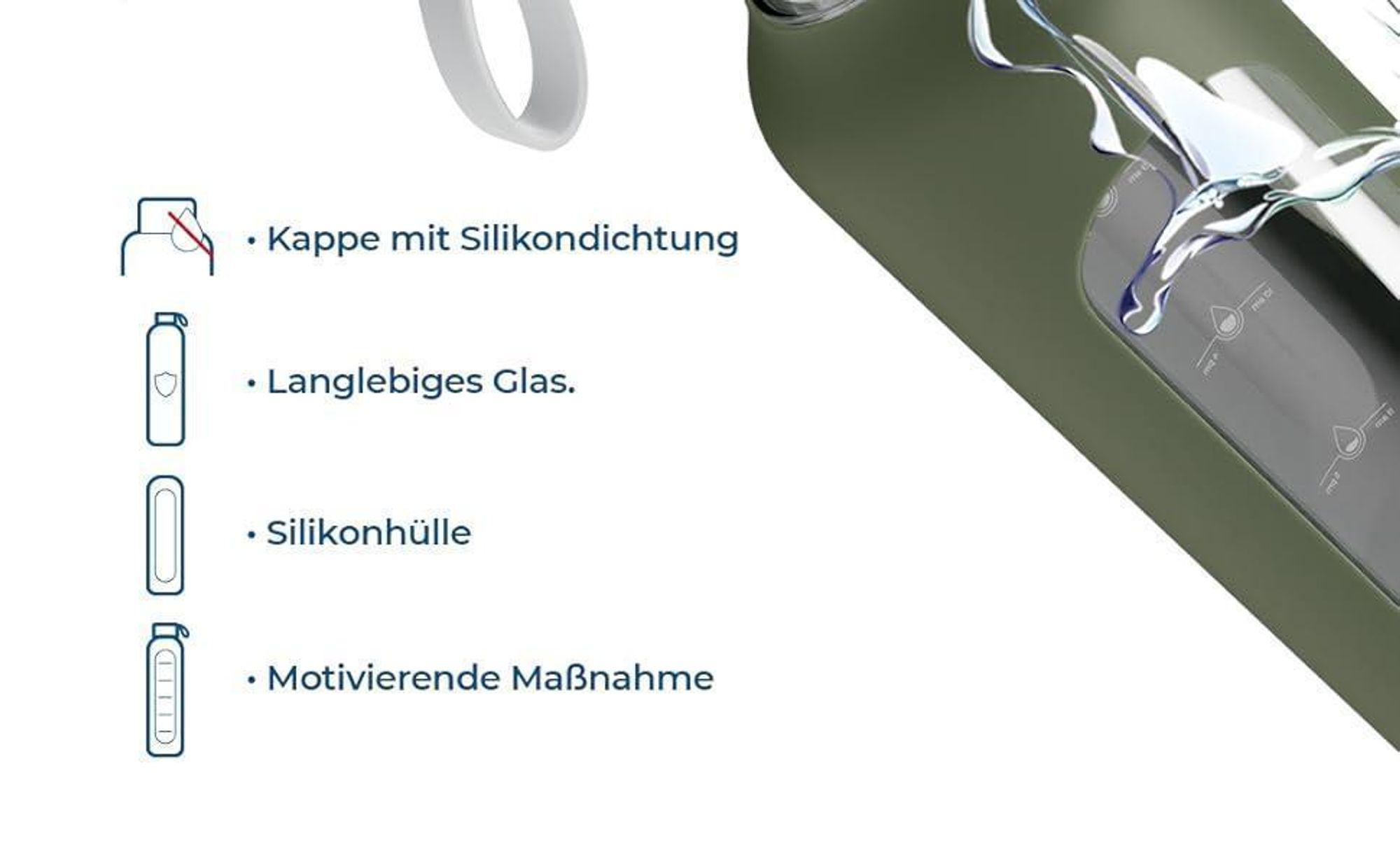 Wessper Trinkflasche aus Glas mit Silikonhülle – 1 L – mit Zeitmarkierungen – Schwarz