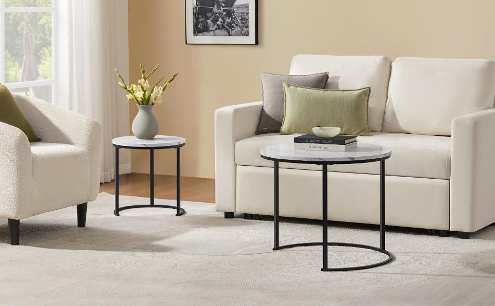 Yaheetech Couchtisch 2er Set, runder Beistelltisch Set, Sofatisch mit Metallgestell, Satztische für Wohnzimmer Schlafzimmer, Weiß