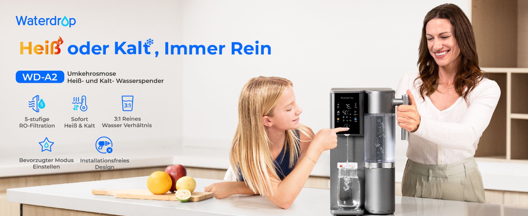 Waterdrop WD-A2 Arbeitsplatte Umkehrosmoseanlage, Heißes und Kaltes RO-System, Tragbarer Reinwassertank, Flaschenloser Wasserkühler