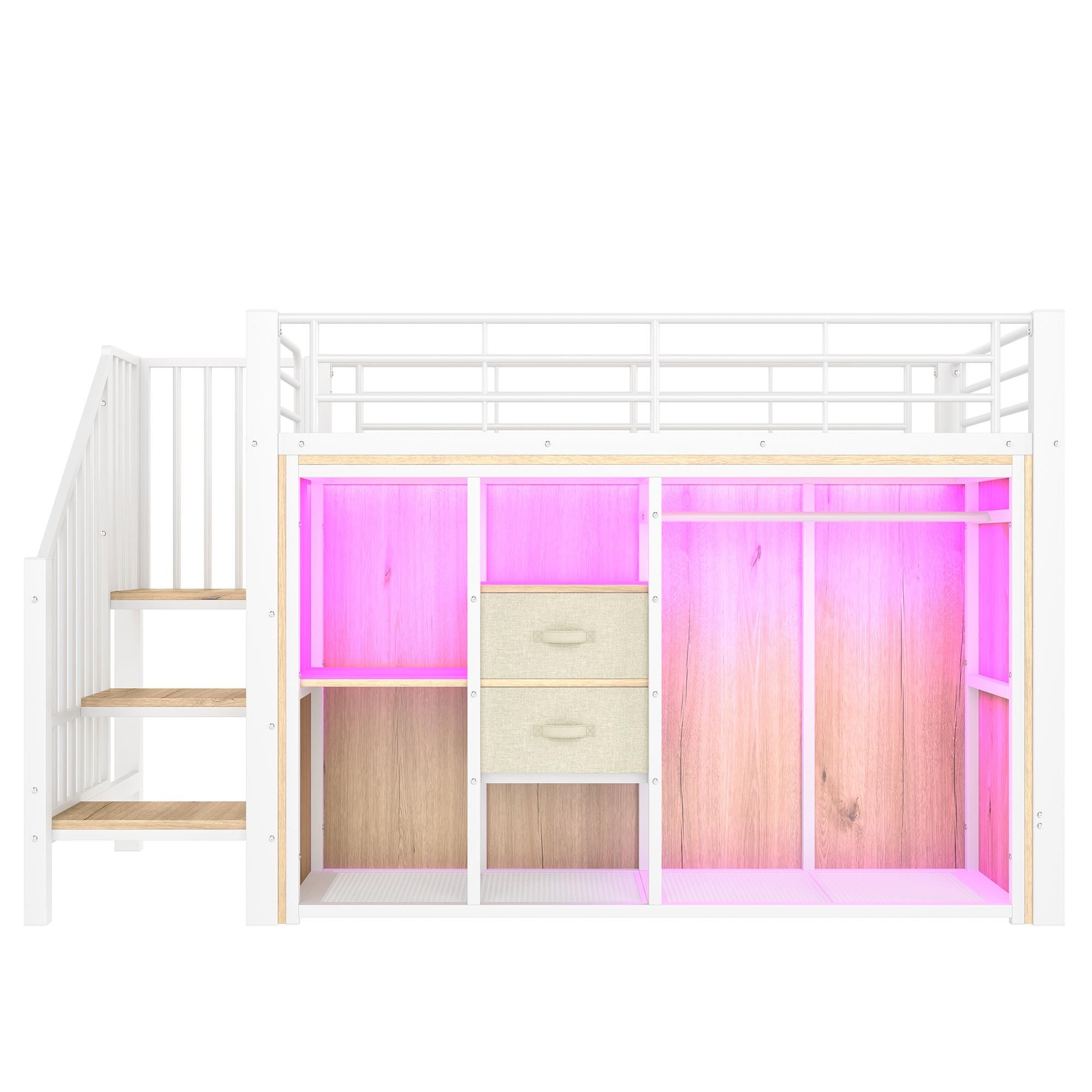 Flieks Etagenbett 90x200cm mit Led, Jugendbett Metallbett mit Schubladen und Kleiderstange, Kinderbett Hochbett mit Treppe, Weiß