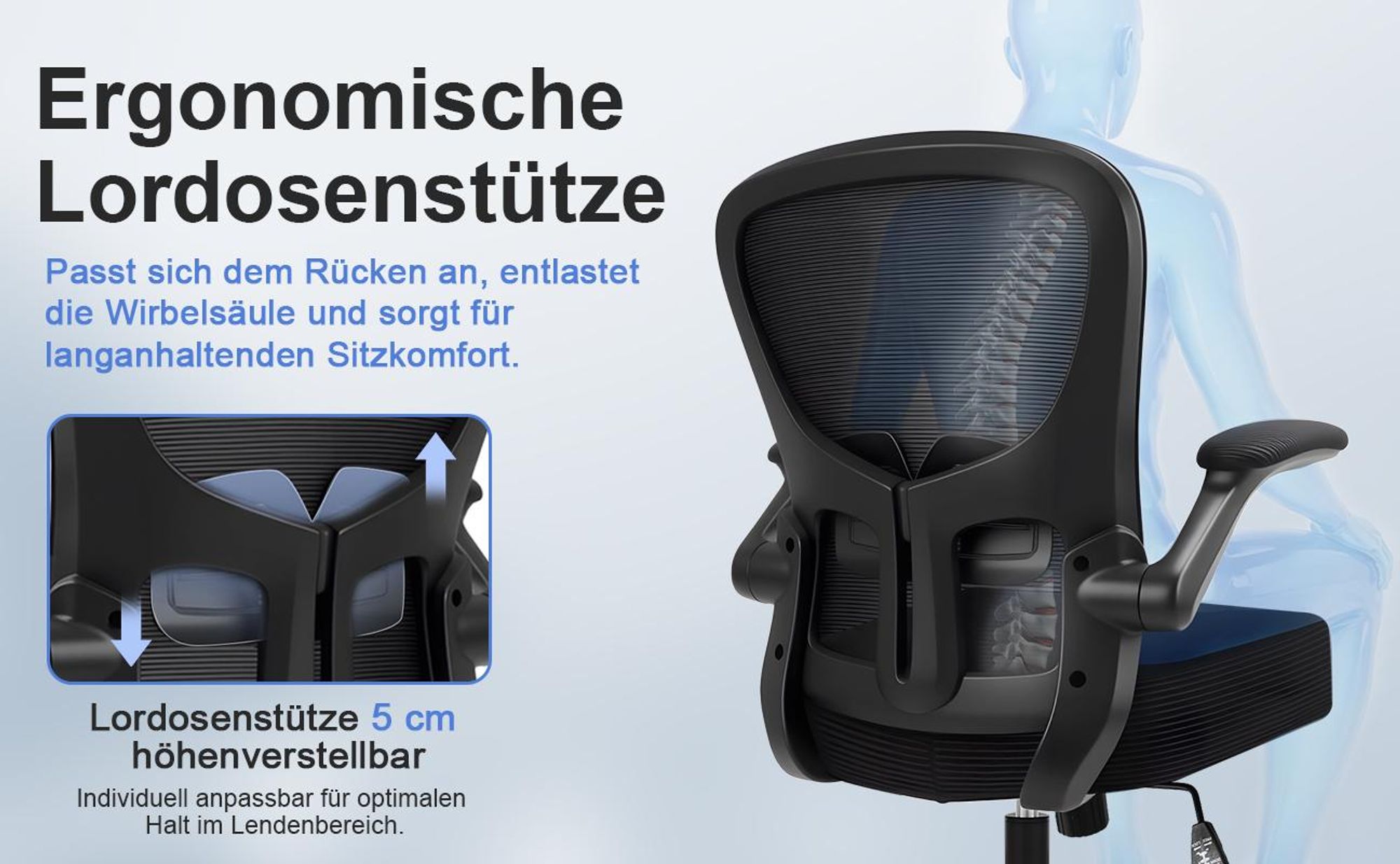 Bürostuhl, Schreibtischstuhl, bürostuhl ergonomisch mit Verstellbaren Armlehnen, höhenverstellbar,S-förmige Lendenstütze,Chefsessel 150kg