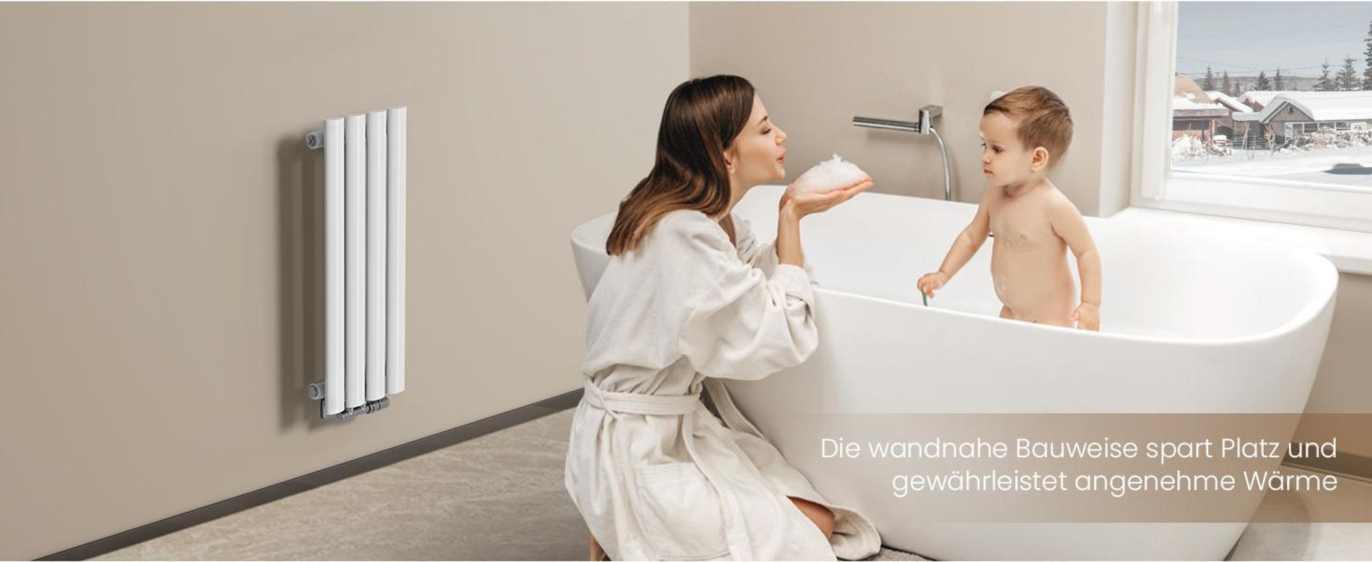 EMKE Design-Röhrenheizkörper für Warmwasserbetrieb Mittelanschluss Vertikal Oval Einlagig 427 Watt 24cm x 160cm Weiß ohne Heizstab