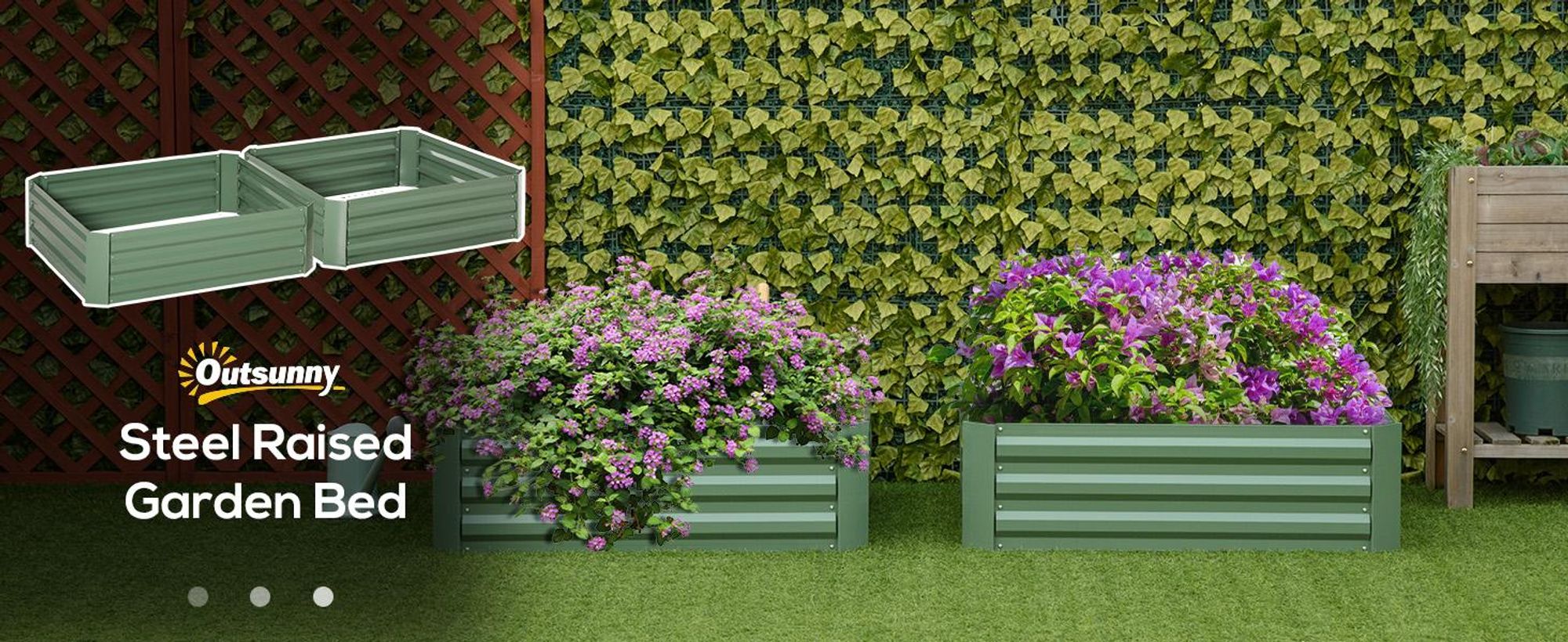 Outsunny Raised Bed Set, 2-PLG. Leżak ogrodowy, donica, skrzynia na rośliny, donica, donica do ogrodu, na taras, stal ocynkowana, zielona, 100 x 100 x 30 cm