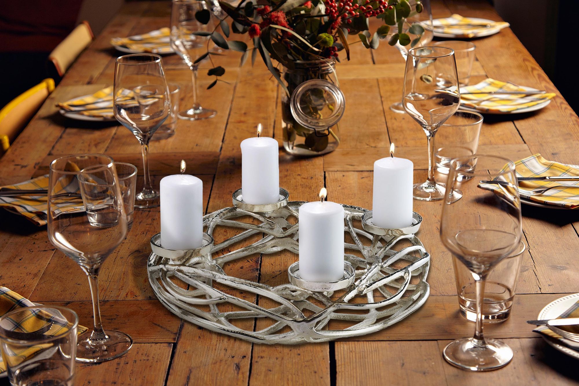 Kobolo Adventskranz Metall für 4 Kerzen silber 40 cm Deko-Kranz rund Kerzenhalter Kerzenständer Weihnachtskranz Stumpenkerzen Adventsdeko Tischkranz
