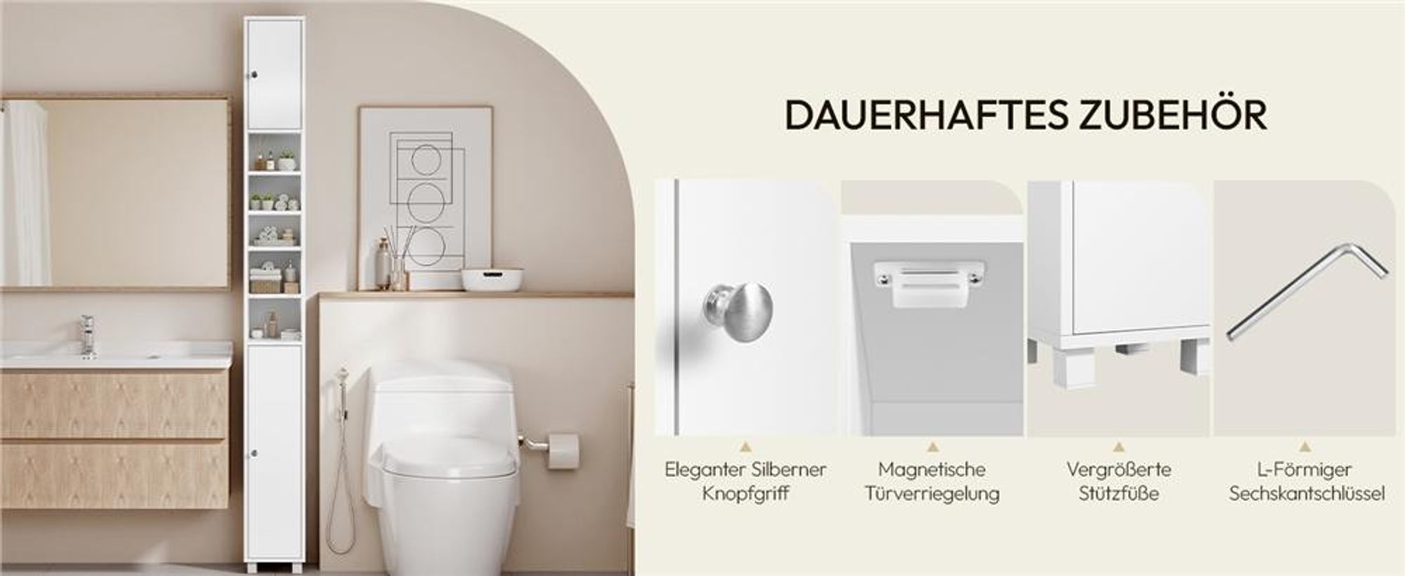 Yaheetech Badezimmerschrank, 20 cm schmaler Badschrank, 180 cm Hochschrank, 10 Fächer, verstellbare Ablagen, Weiß