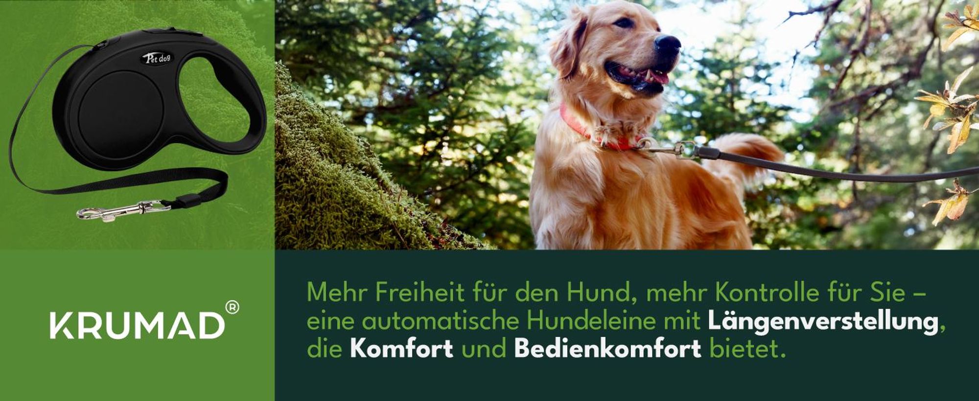 KRUMAD Automatische Hundeleine 5 m, Rollleine mit Einhand-Bremssystem, ausziehbare Flexileine aus Nylon für kleine und mittelgroße Hunde, Schwarz
