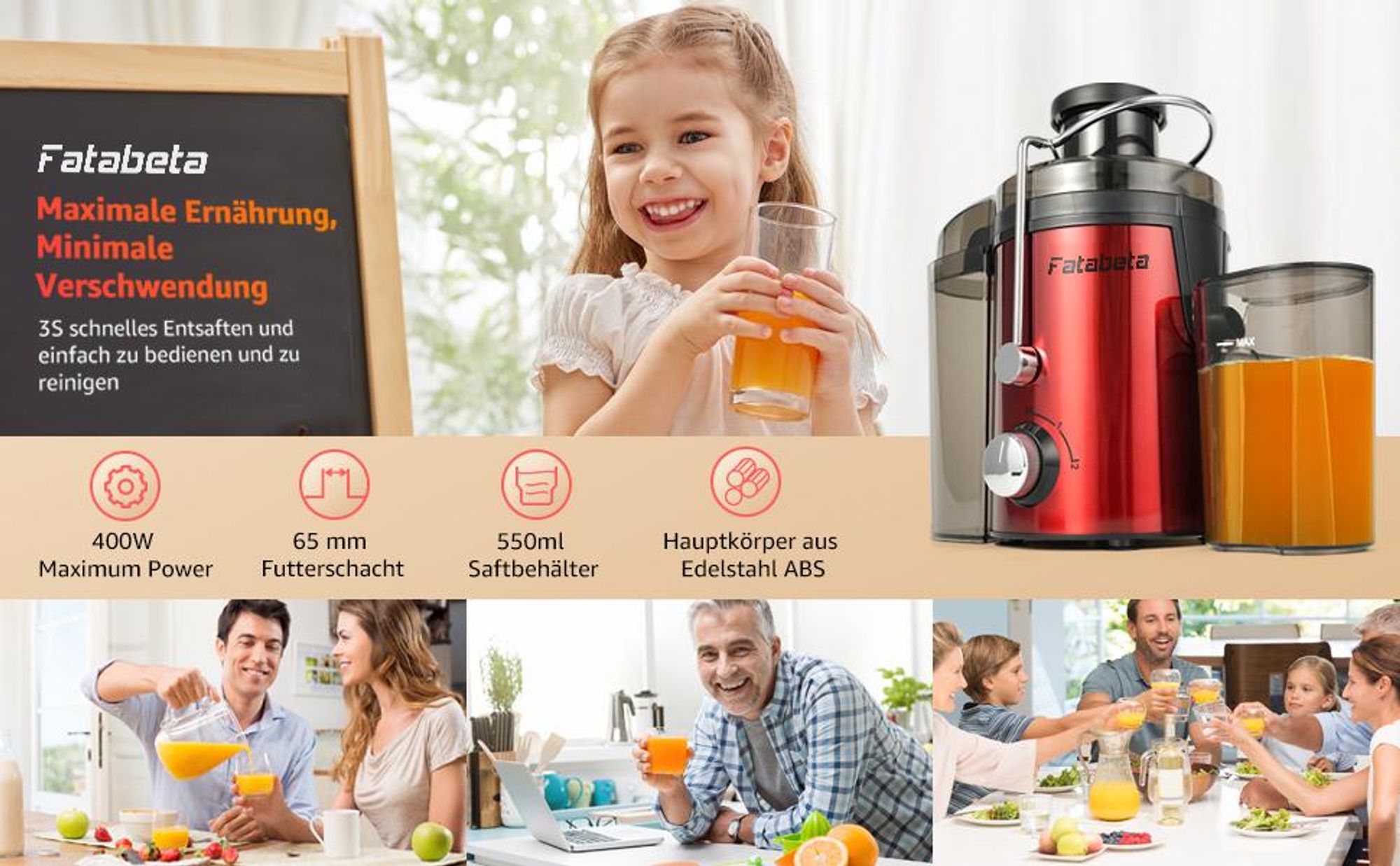 FATABETA Entsafter für Obst und Gemüse, Zentrifugal-Entsafter aus Edelstahl, 65 mm Einfüllöffnung, 3 Geschwindigkeiten, BPA-frei, 400 W, Rot